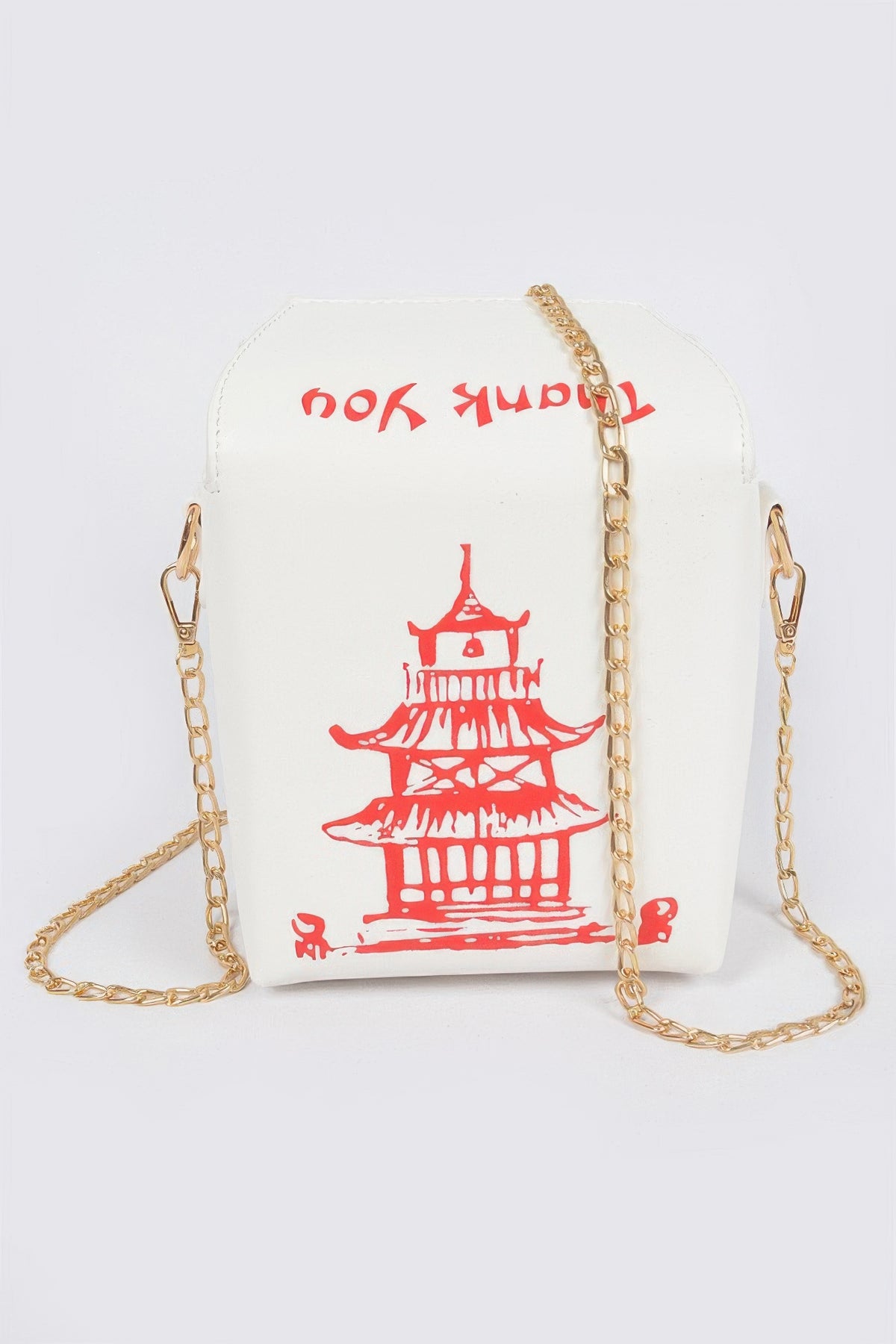 White Chinese To Go Box Clutch front view with red pagoda graphic and gold chain