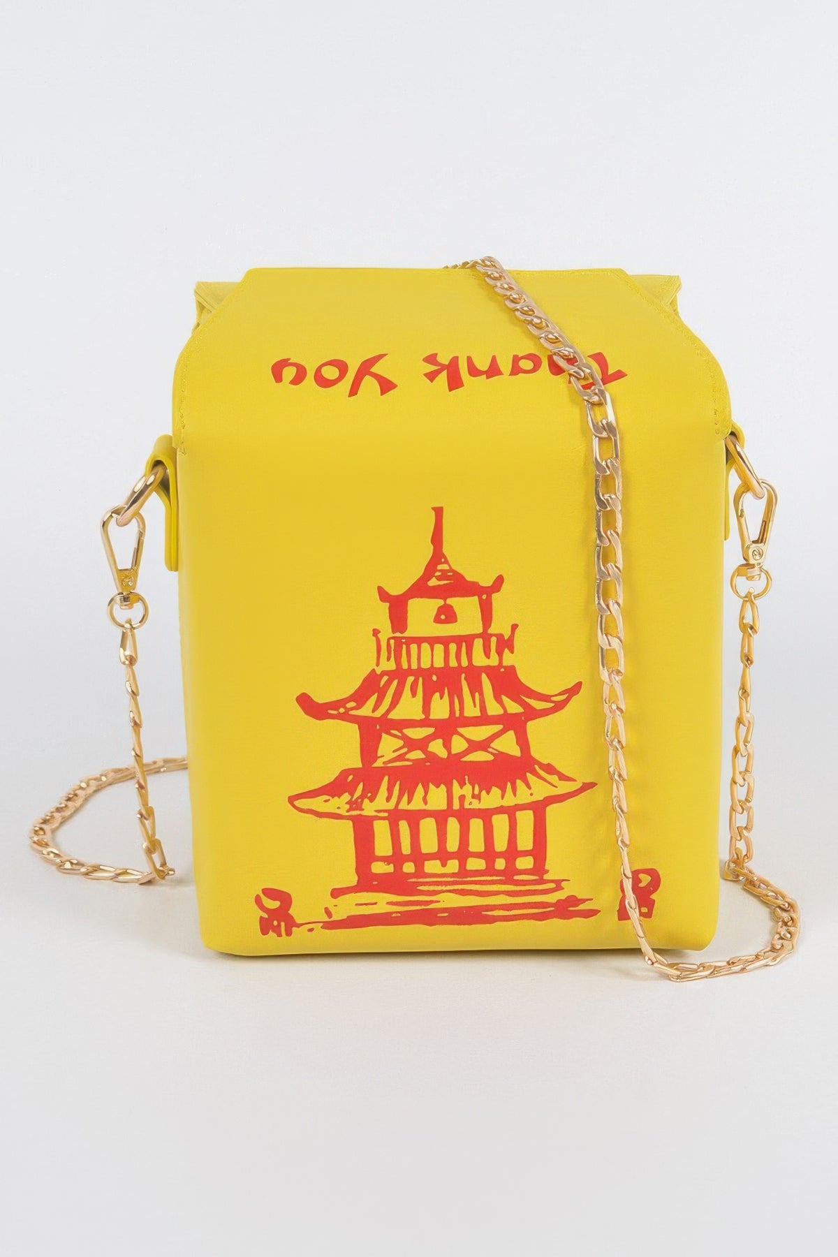 Yellow gold Chinese To Go Box Clutch front view with red pagoda graphic and chain