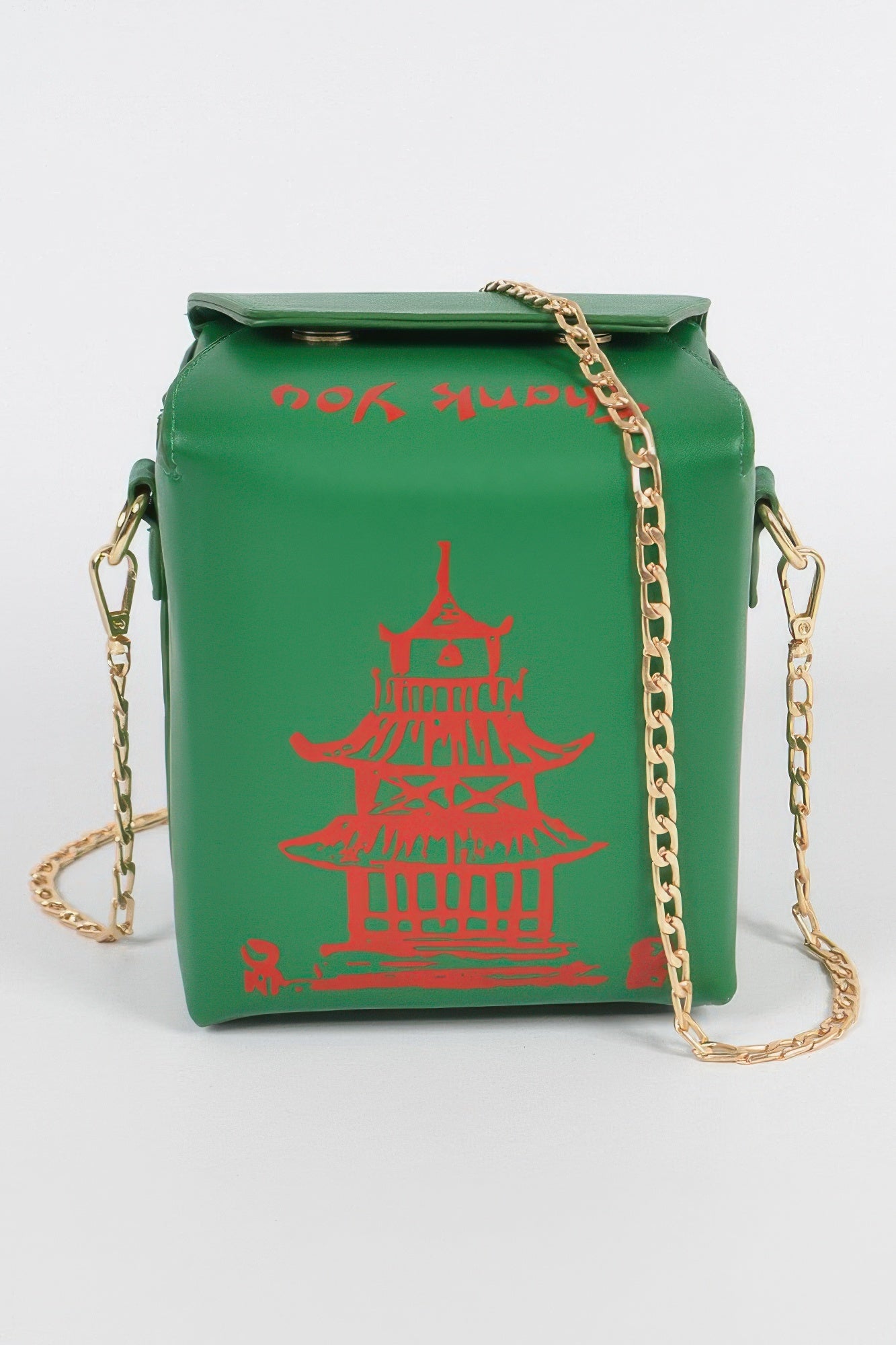 Green Chinese To Go Box Clutch front view with red pagoda graphic and gold chain