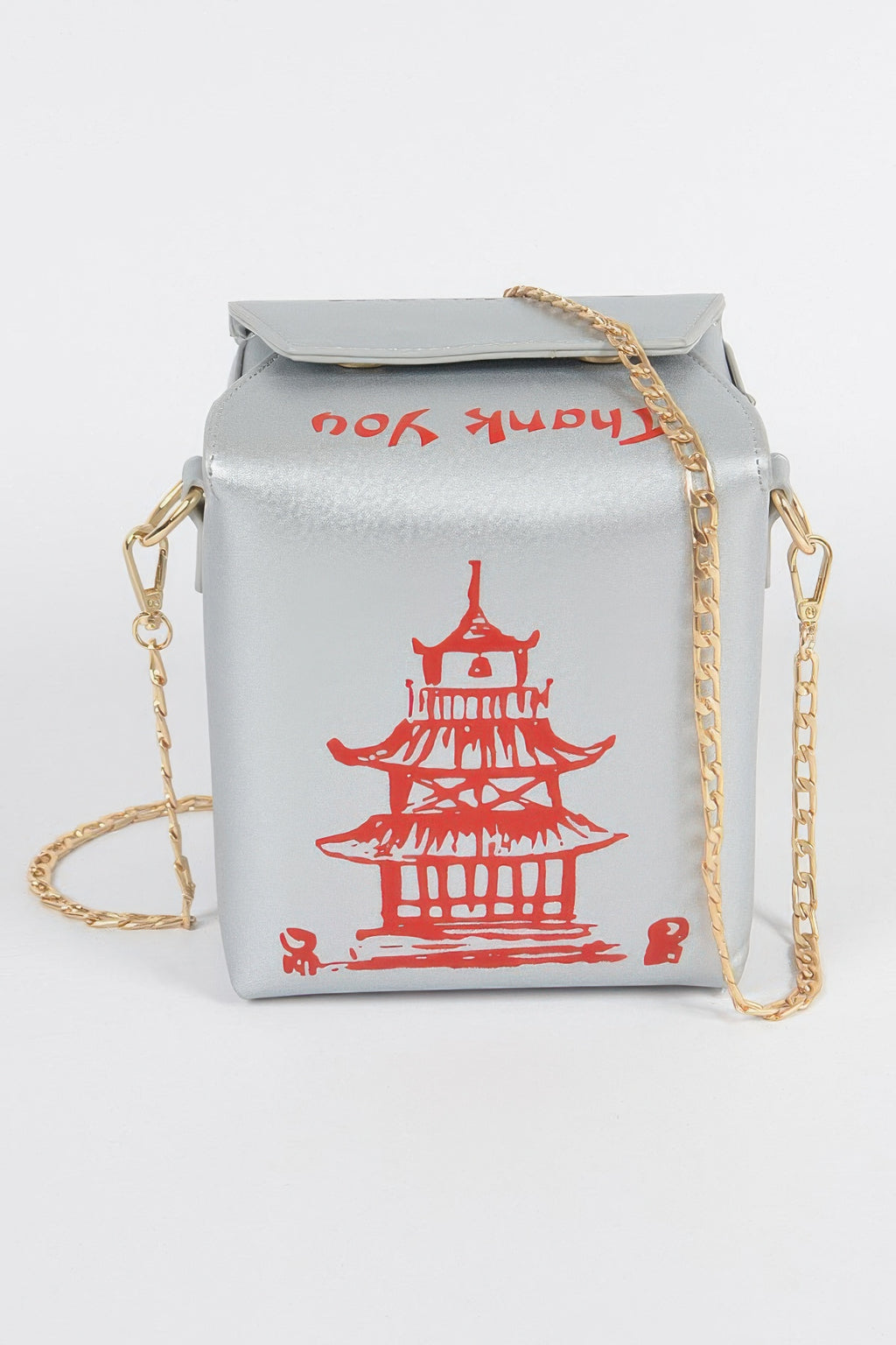 Metallic silver-tone Chinese To Go Box Clutch front view with red pagoda graphic