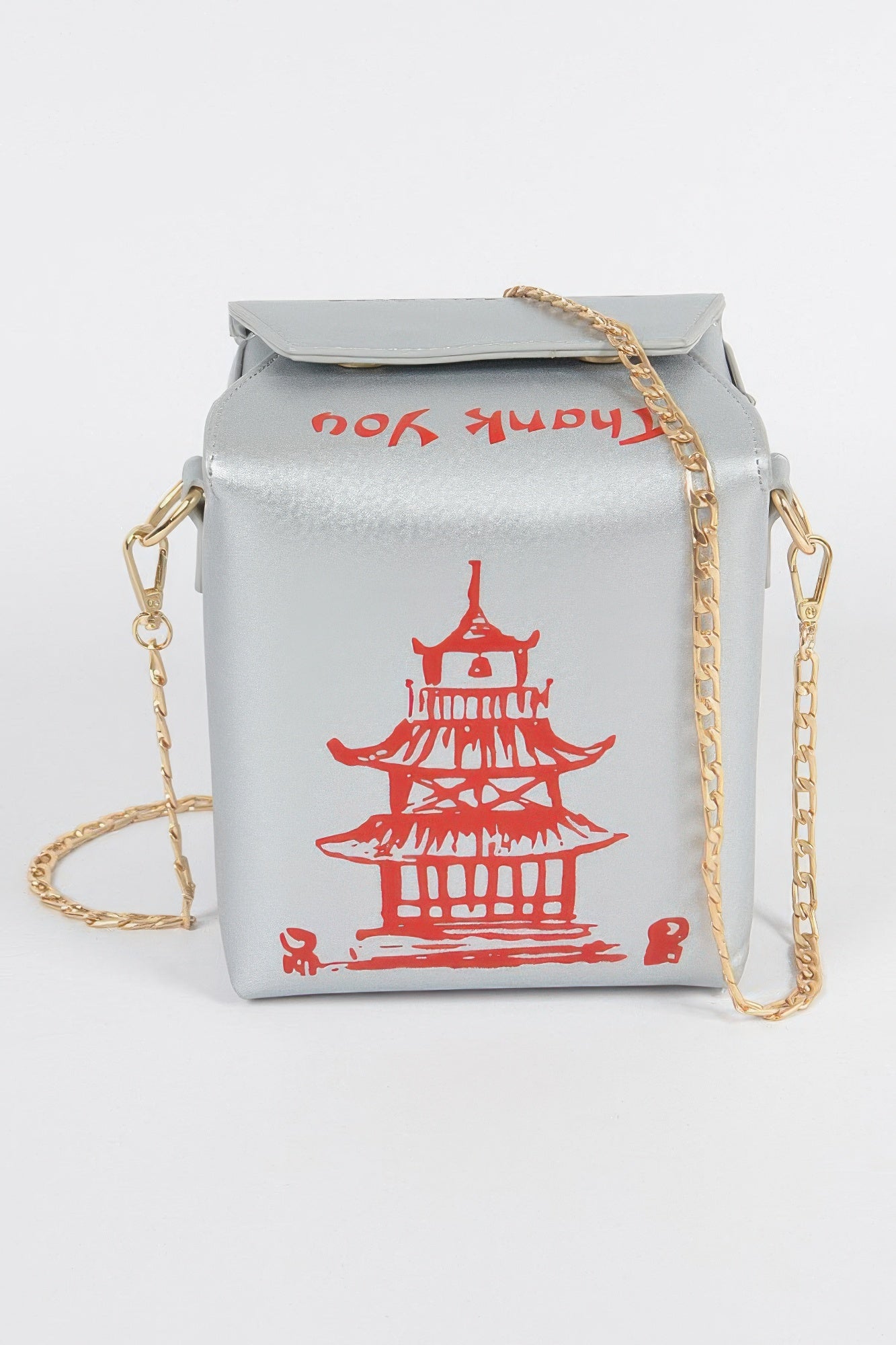 Metallic silver-tone Chinese To Go Box Clutch front view with red pagoda graphic