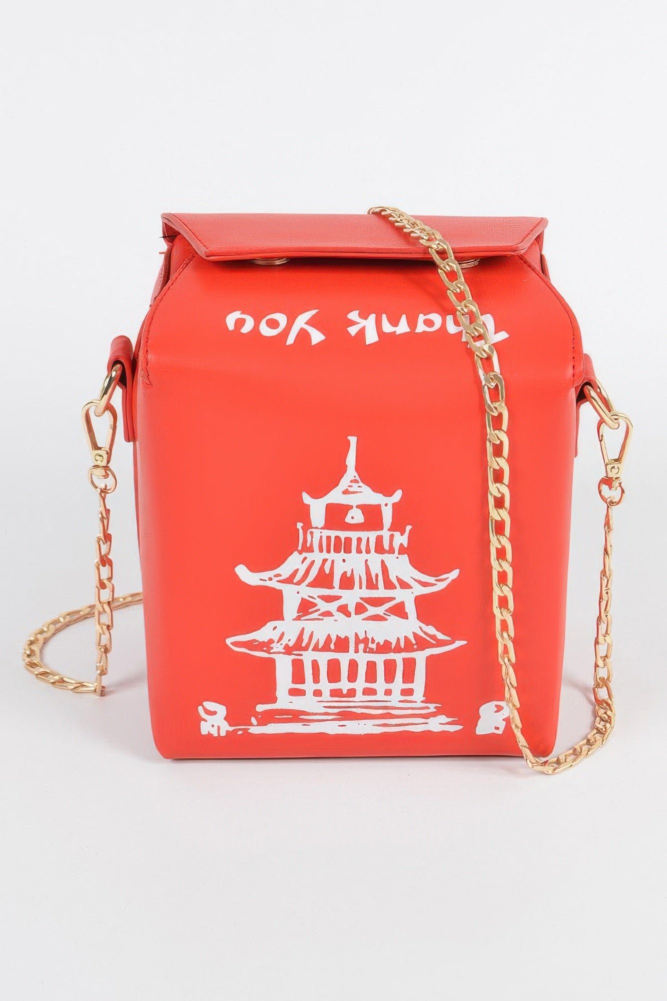 Orange red-gold Chinese To Go Box Clutch front view with red pagoda graphic
