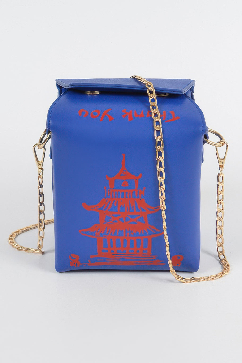 Blue Chinese To Go Box Clutch front view with red pagoda graphic and gold chain