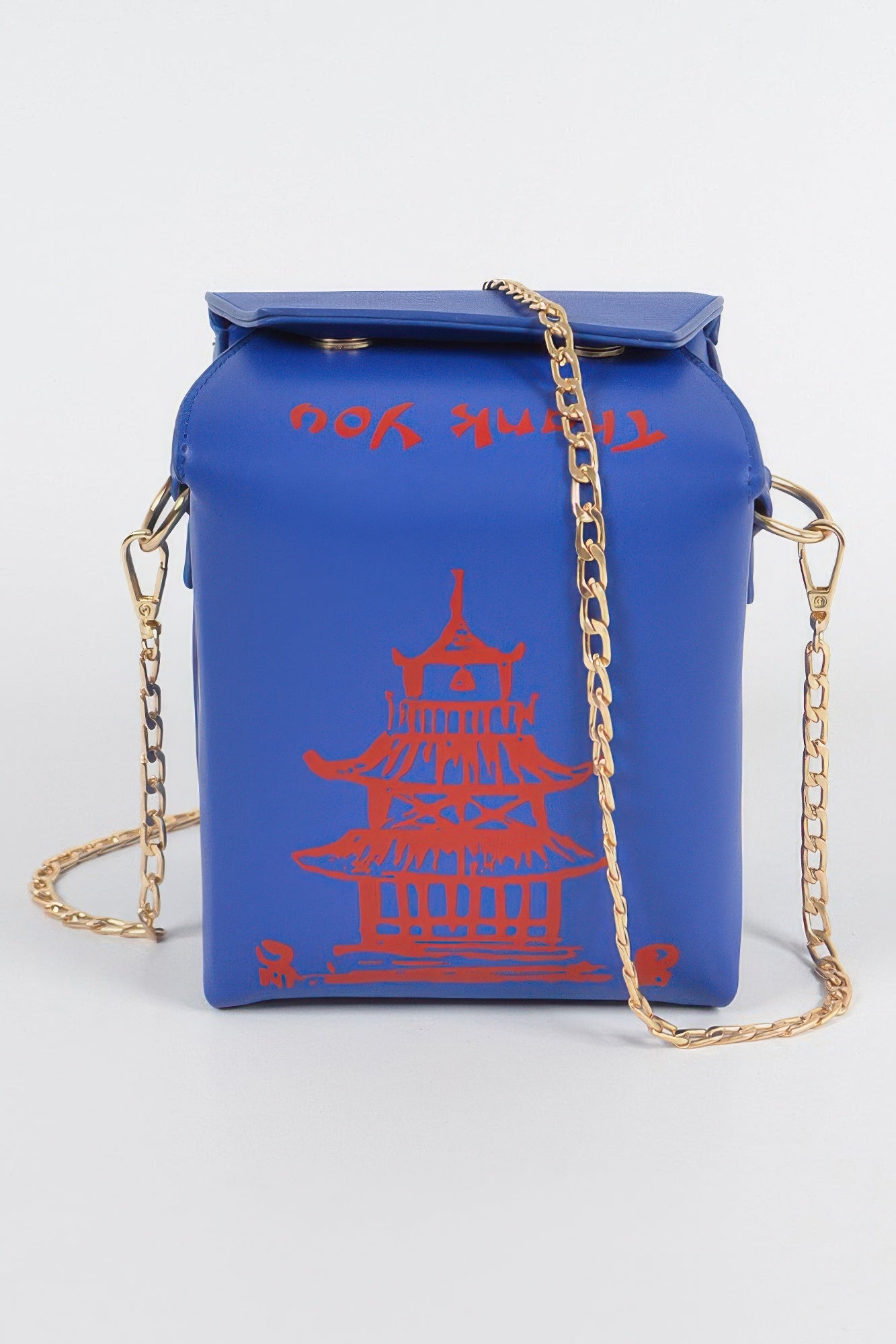 Blue Chinese To Go Box Clutch front view with red pagoda graphic and gold chain