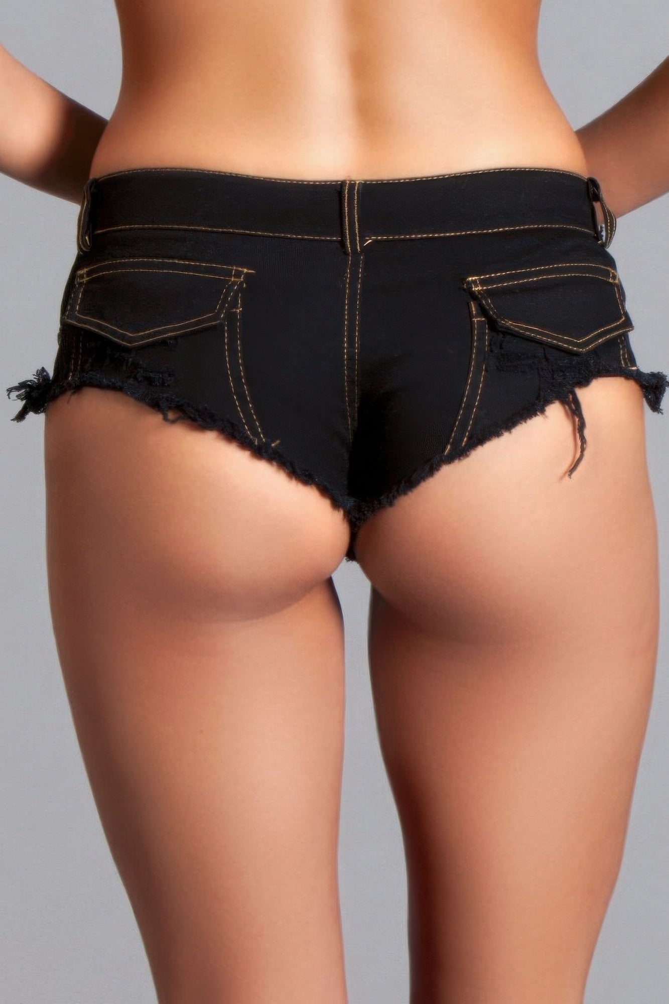 Black Baby Got Back Booty Shorts, back view with two flap pockets