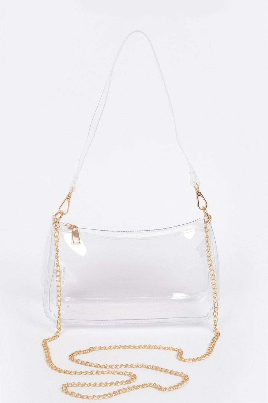 Clear Transparent Shoulder Bag, front product view with clear shoulder strap and gold chain strap