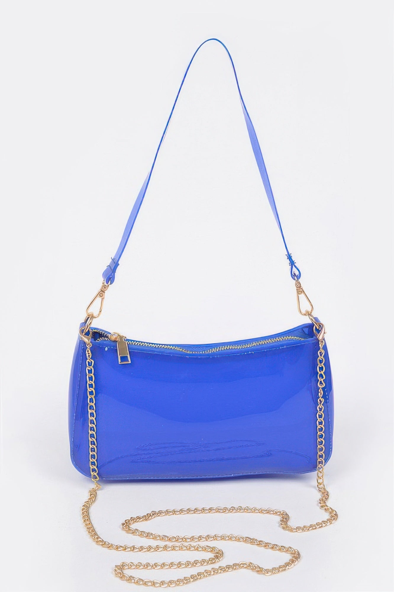 Cobalt Transparent Shoulder Bag, front product view with matching strap and gold chain