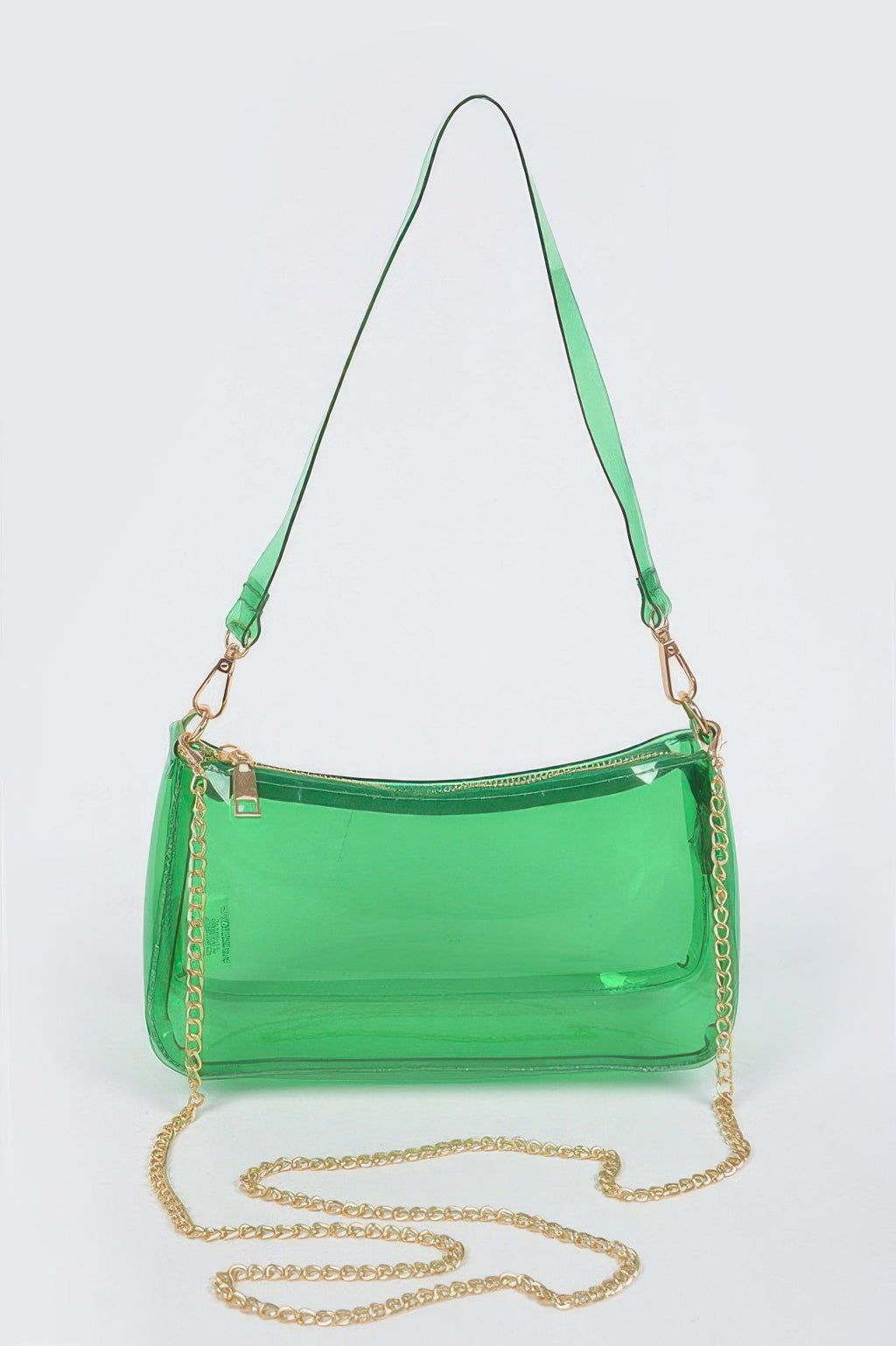 Green Transparent Shoulder Bag with matching shoulder strap and gold chain