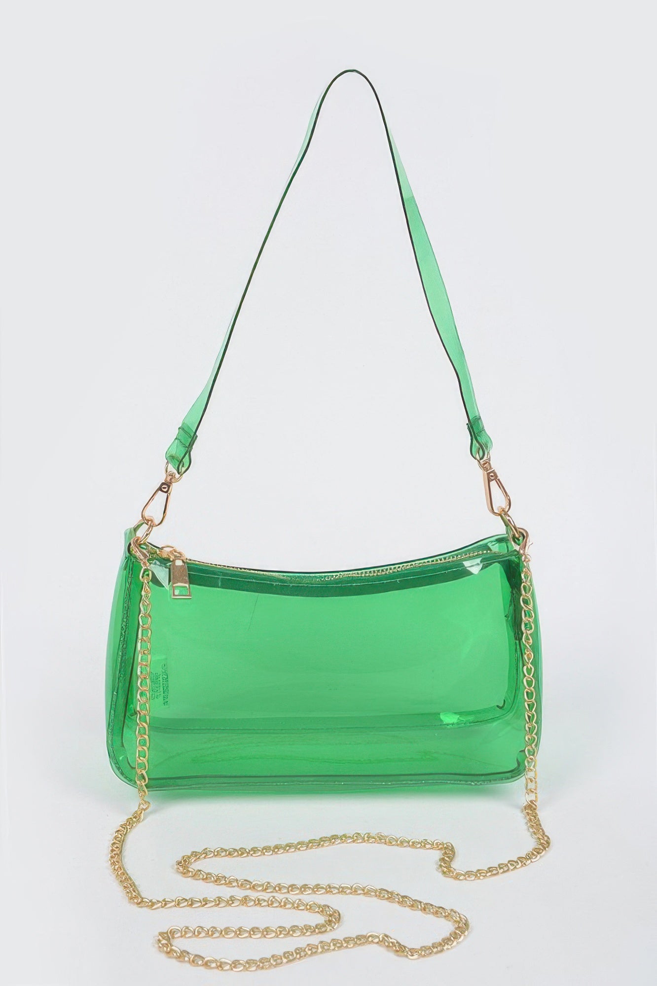 Green Transparent Shoulder Bag with matching shoulder strap and gold chain