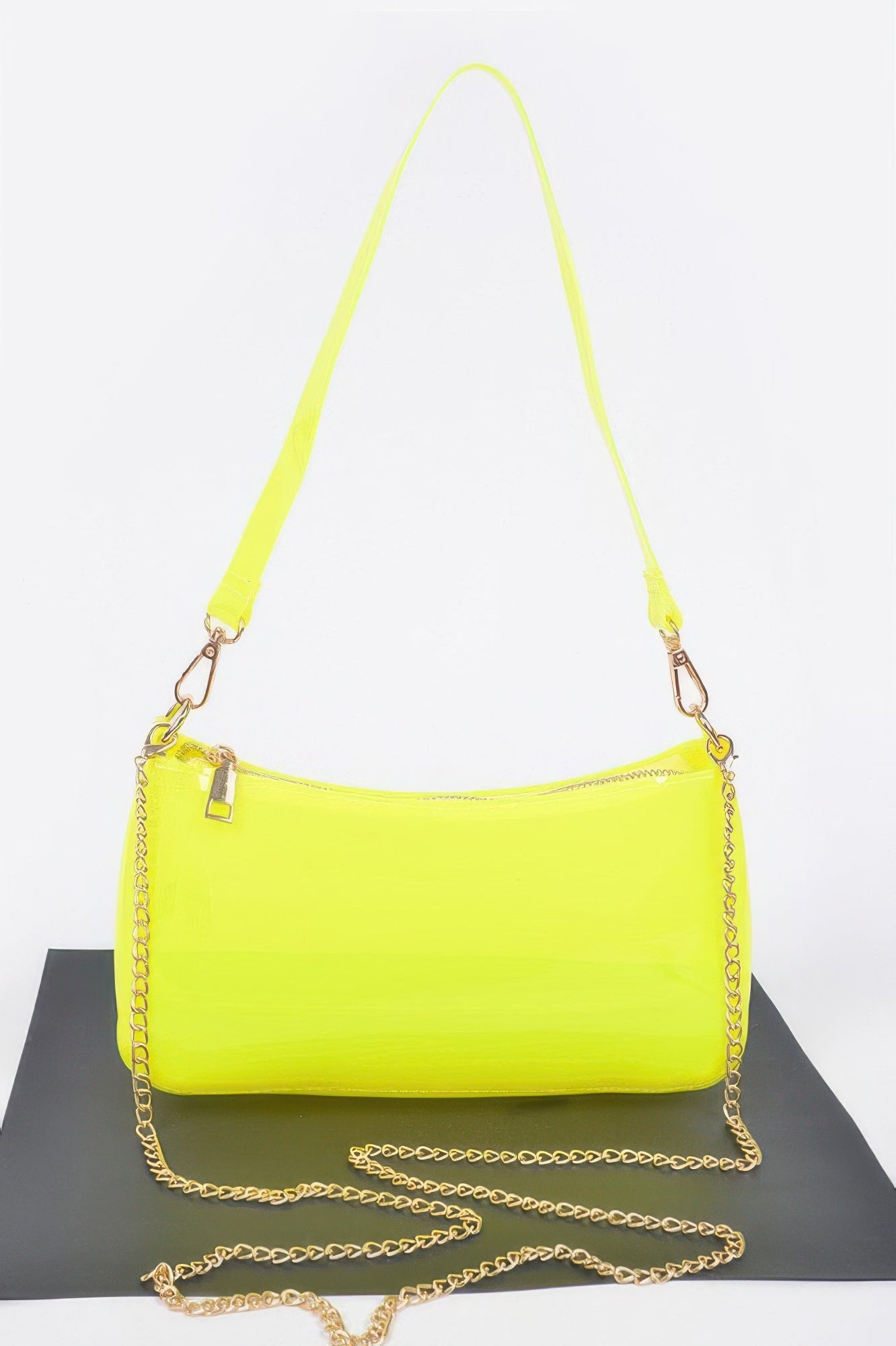 Neon yellow Transparent Shoulder Bag with matching shoulder strap and gold chain