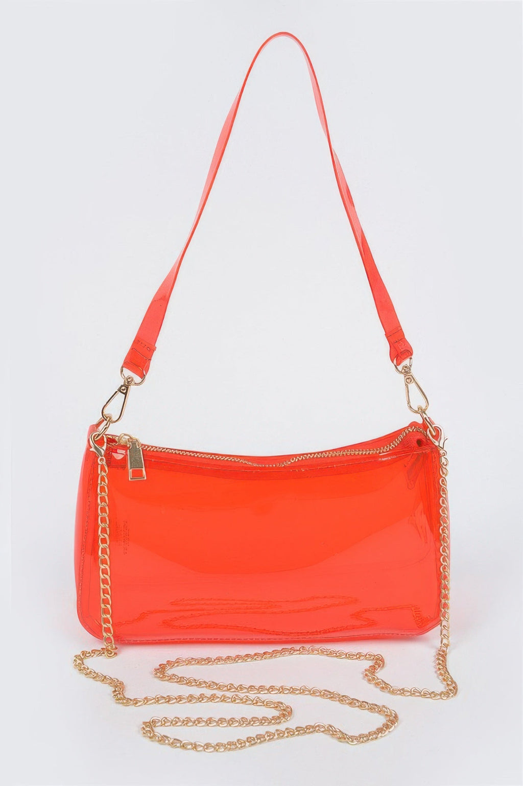 Red Transparent Shoulder Bag with matching shoulder strap and gold chain