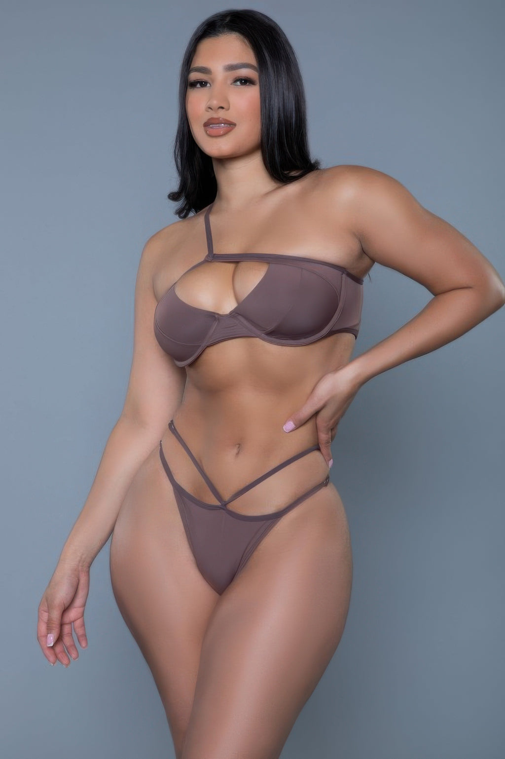 Private Island brown strappy bikini set, front studio view