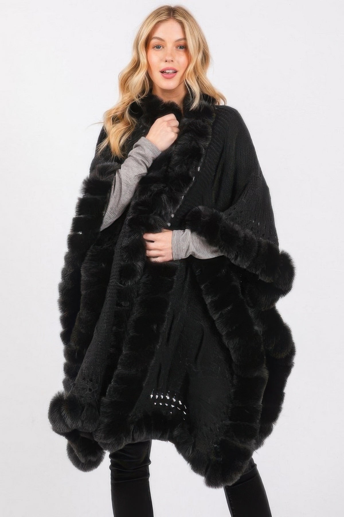 Black Faux Fur Collar And Trim Cape With Closure front view showing draped knit body and fur-edged opening