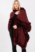 Burgundy Faux Fur Collar And Trim Cape With Closure angled view showing openwork knit and plush trim bands