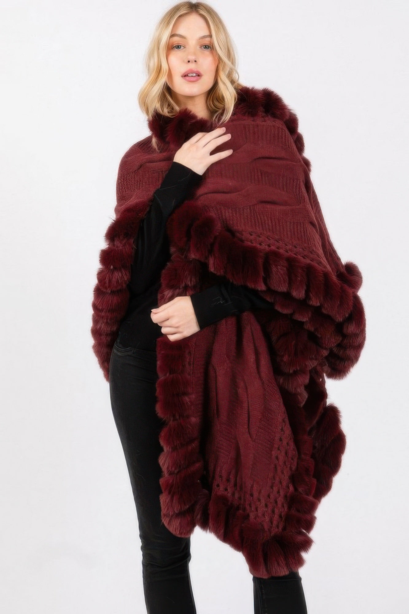 Burgundy Faux Fur Collar And Trim Cape With Closure angled view showing openwork knit and plush trim bands