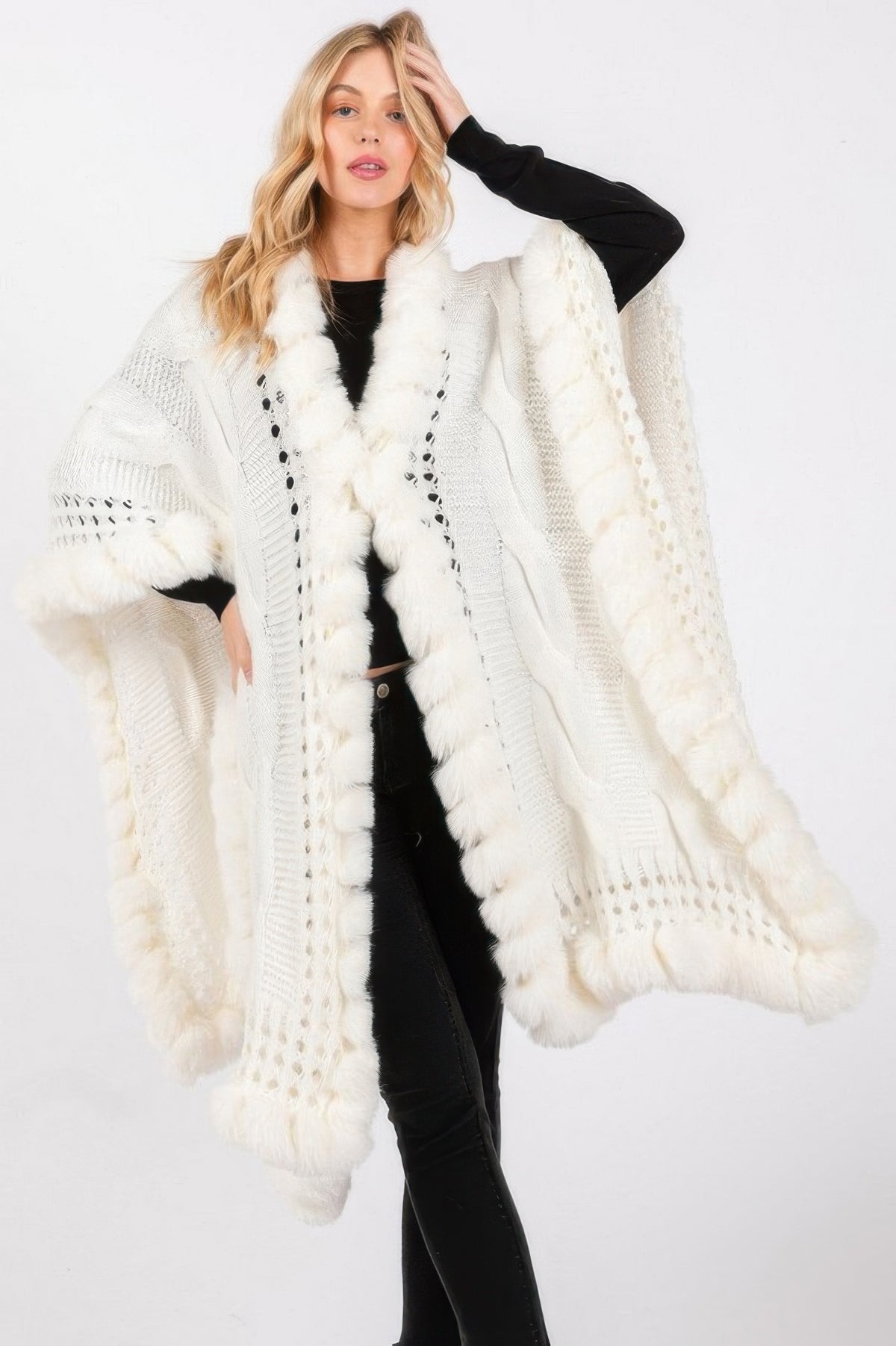 Ivory Faux Fur Collar And Trim Cape With Closure full front view showing wide draped silhouette