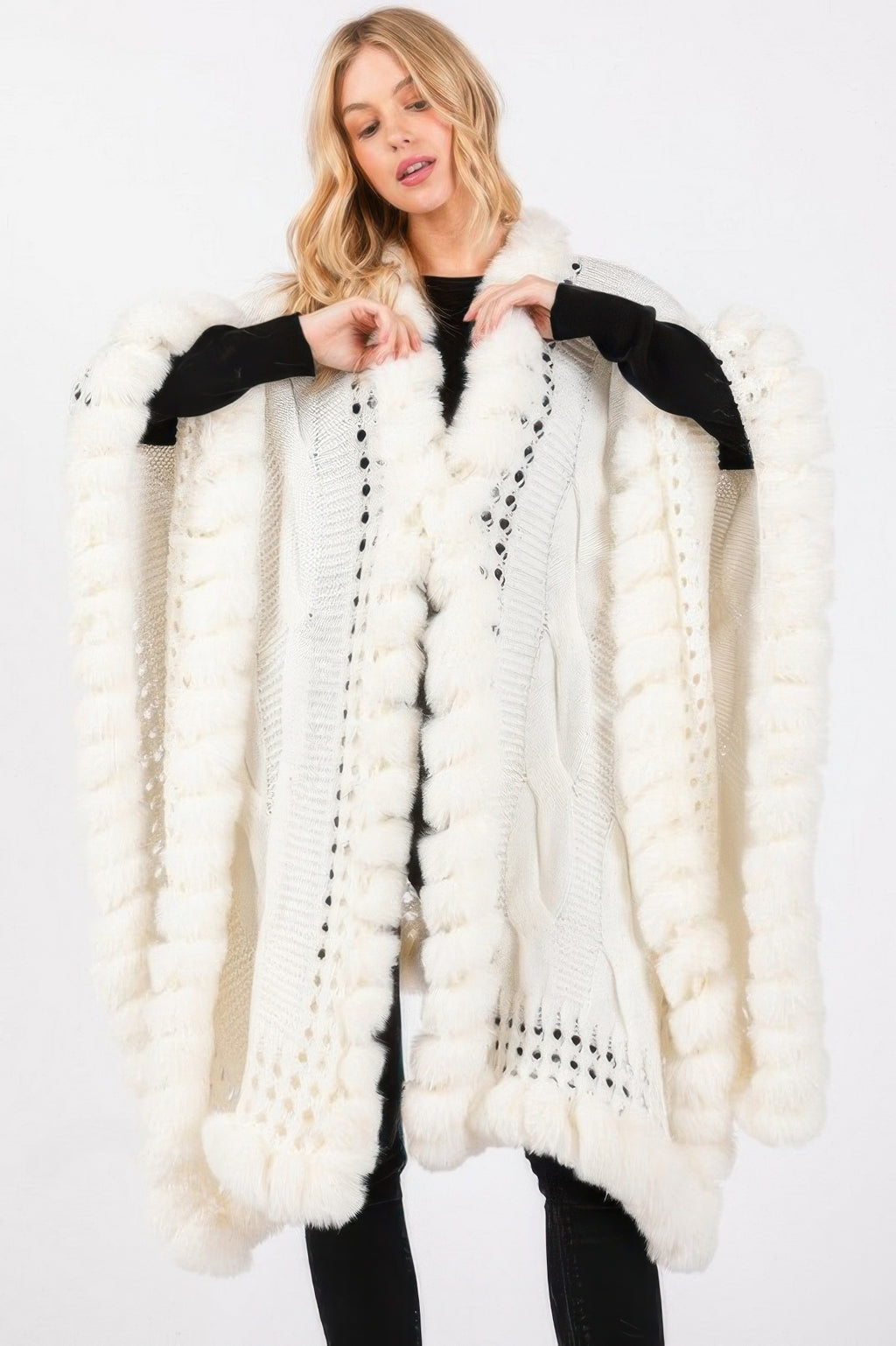 Ivory Faux Fur Collar And Trim Cape With Closure close front view showing collar, closure and openwork knit
