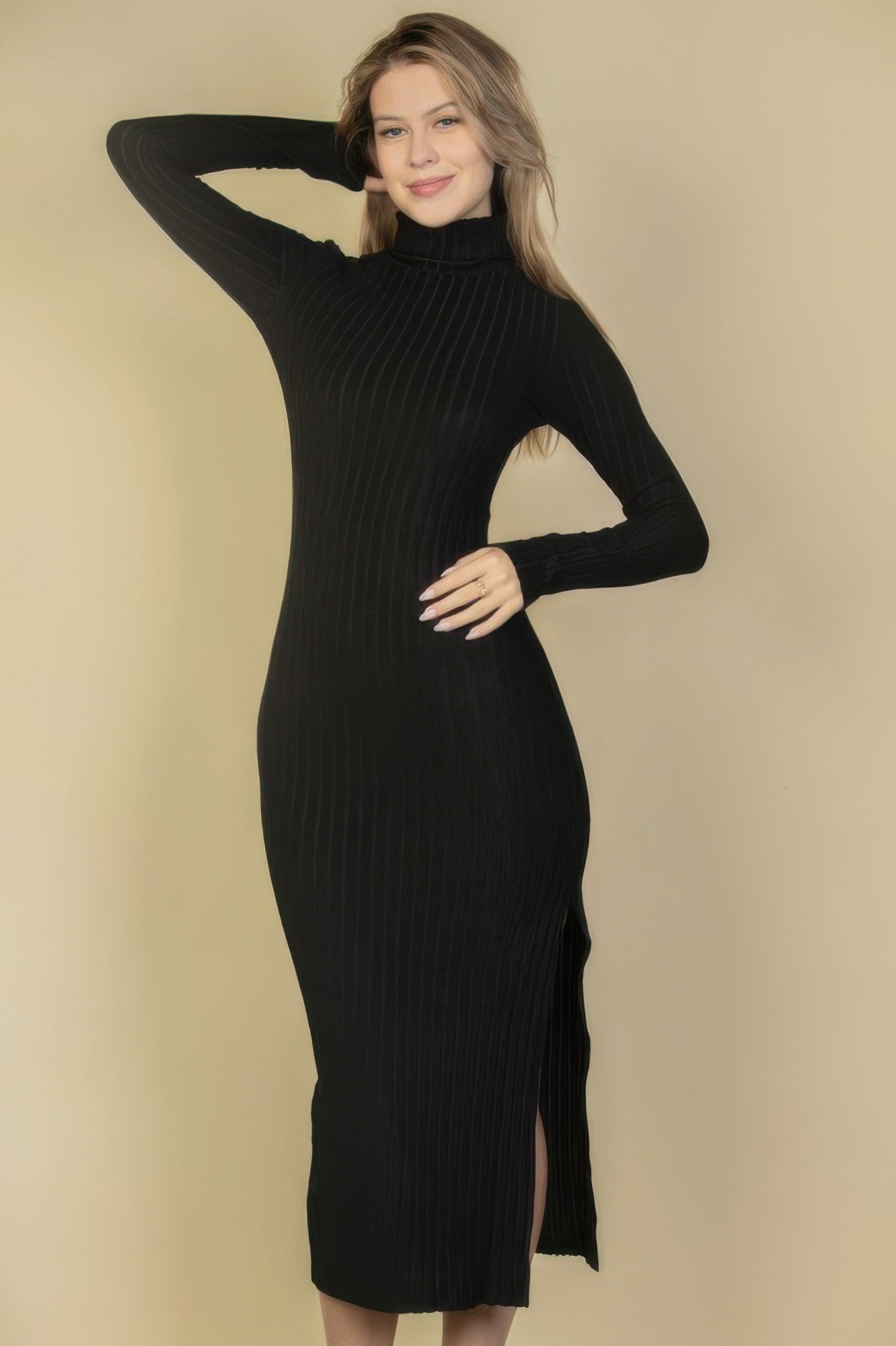 Black Soft Power Midi Dress full-length front view