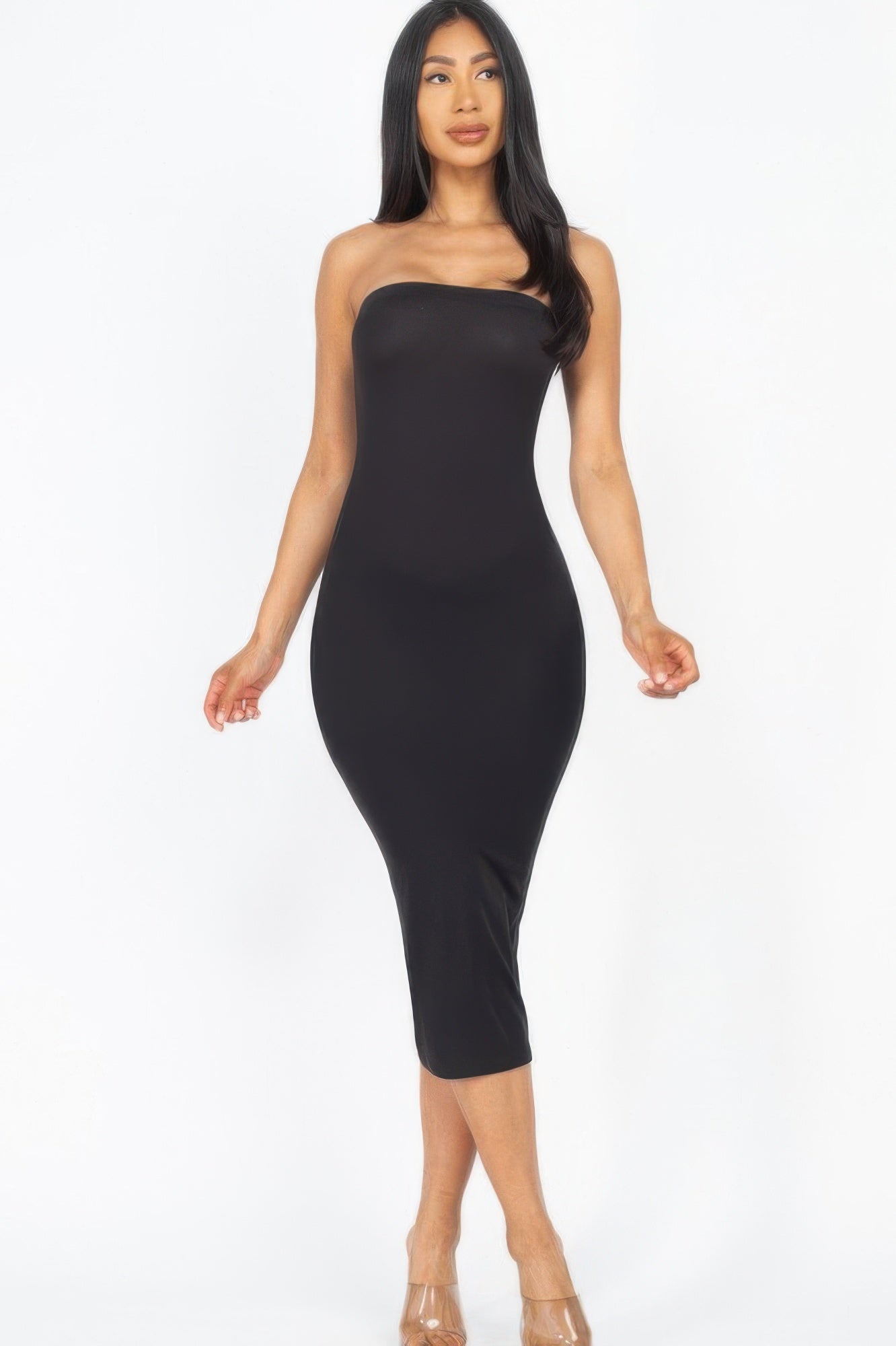 Bare Ambition Midi Dress strapless tube bodycon supplier color and fit view 1
