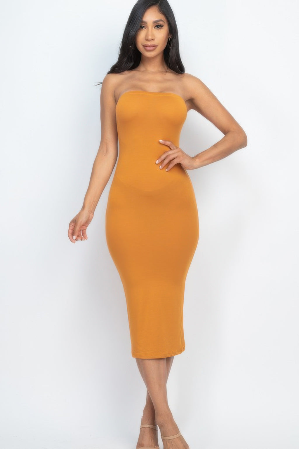 Bare Ambition Midi Dress strapless tube bodycon supplier color and fit view 3