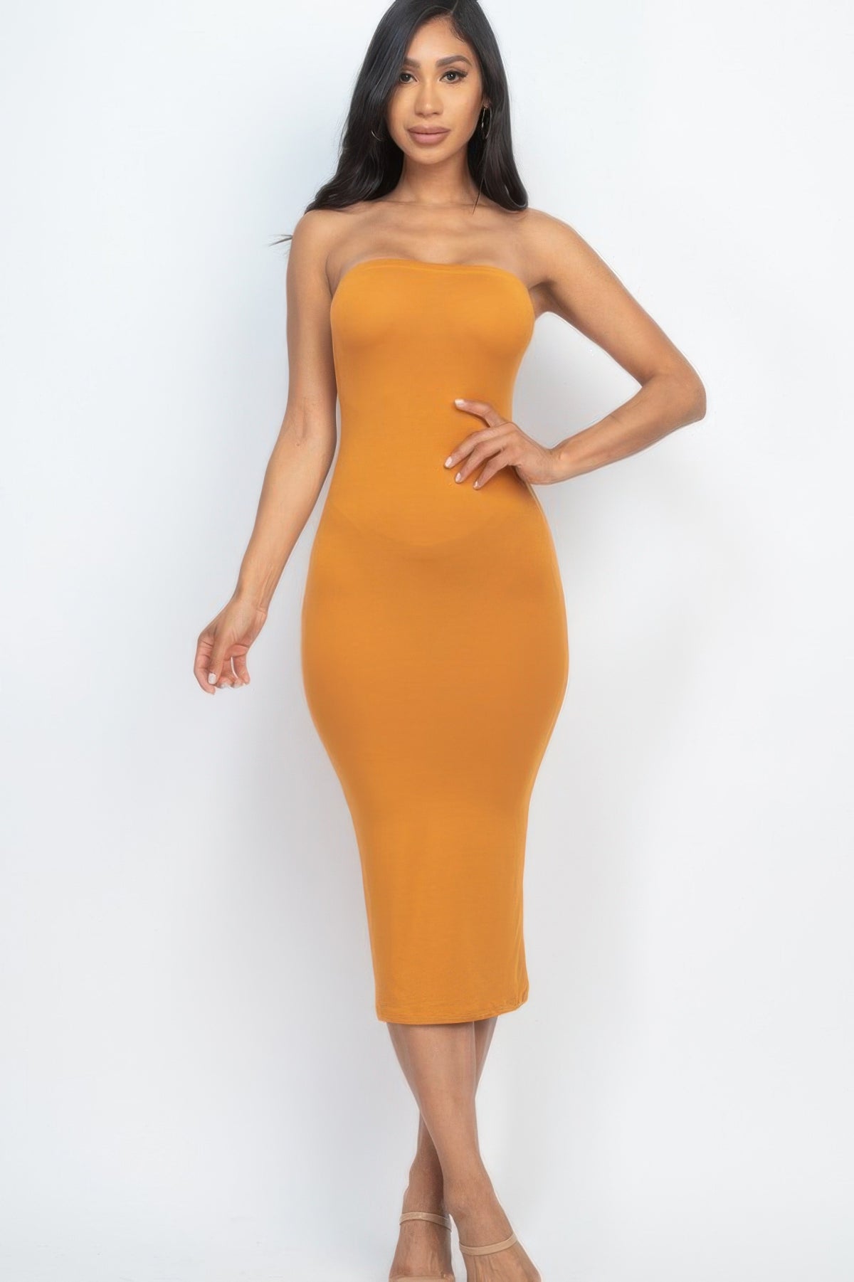 Bare Ambition Midi Dress strapless tube bodycon supplier color and fit view 3