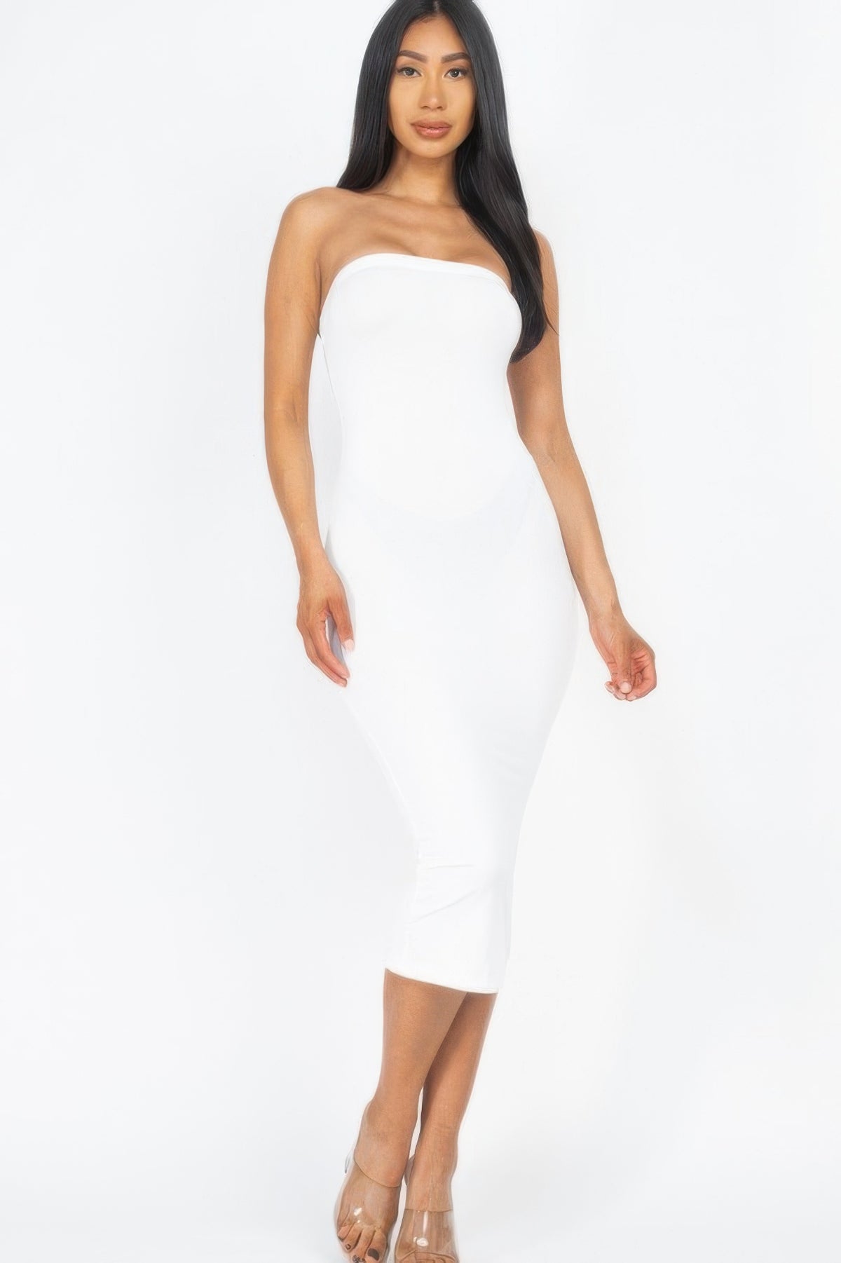 Bare Ambition Midi Dress strapless tube bodycon supplier color and fit view 16