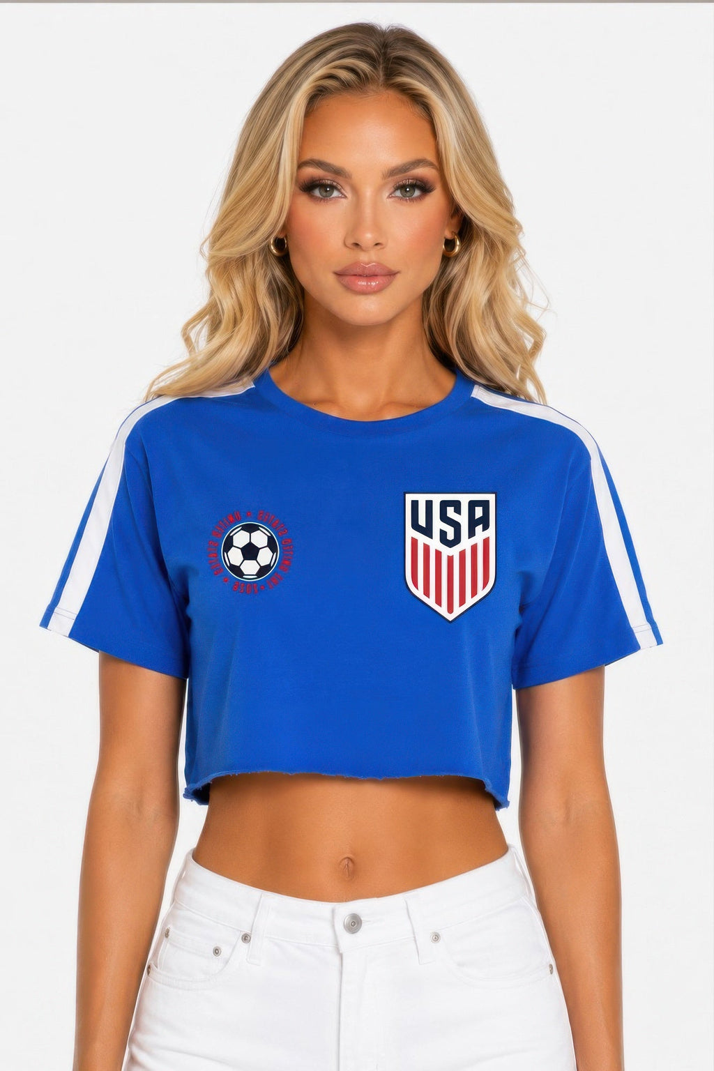 Model wearing the royal blue Victory Lap Cropped USA Tee, front view
