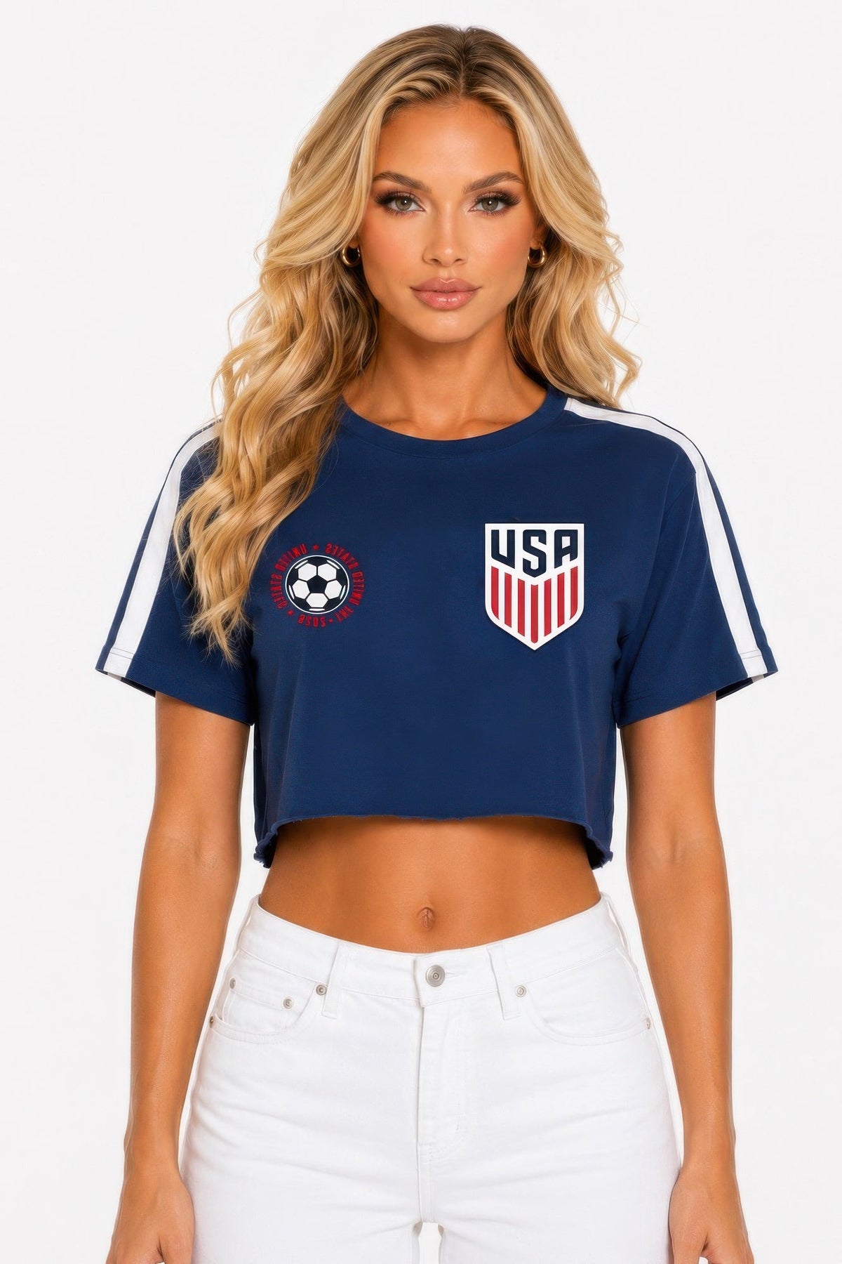 Model wearing the navy Victory Lap Cropped USA Tee, front view