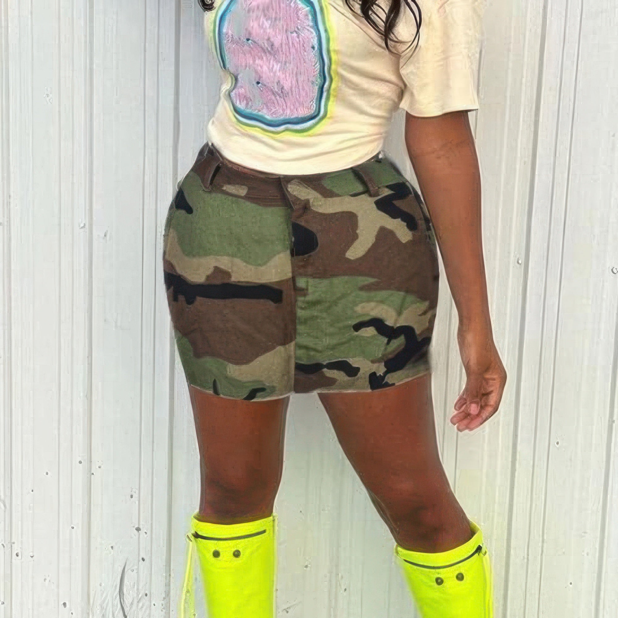 Off-Duty Camo Utility Mini Skirt fitted back model view in classic green and brown woodland camouflage
