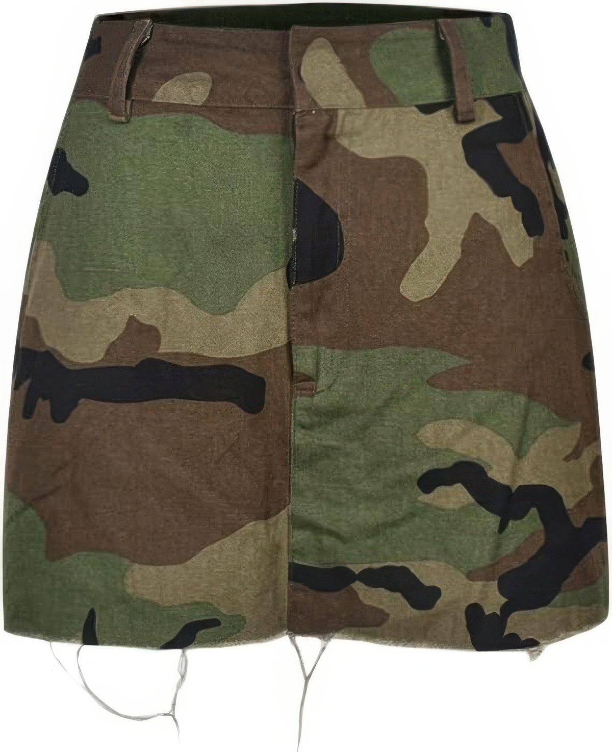 Off-Duty Camo Utility Mini Skirt front product view showing paneled construction, belt loops, pockets and raw hem