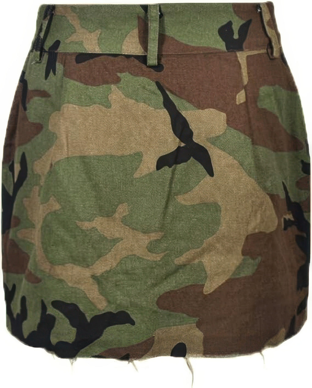 Off-Duty Camo Utility Mini Skirt clean fitted back product view with belt loops and raw frayed hem