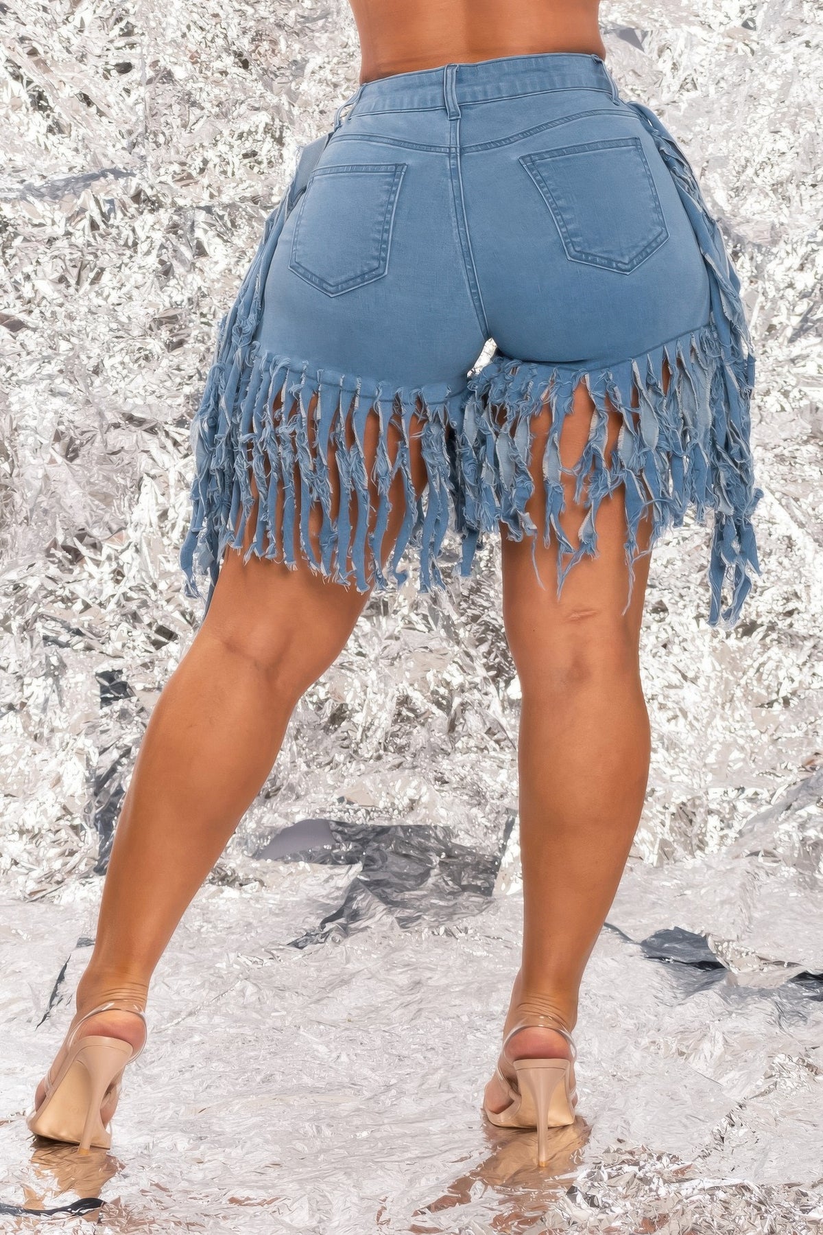 Fringe Benefits Denim Shorts mid-rise button-front denim and fringe supplier view 2