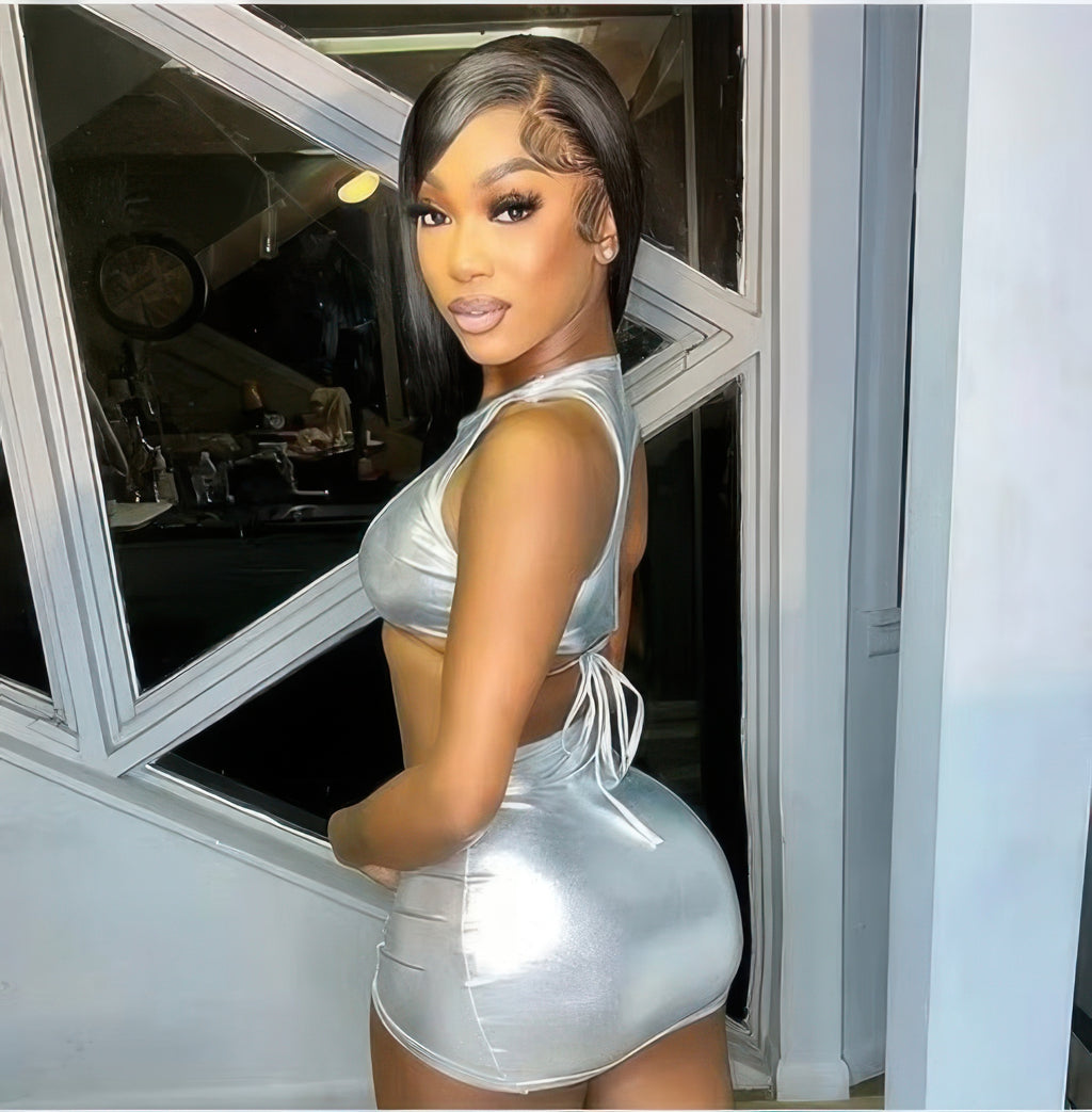 Silver metallic ruched open-back mini dress, product view 2
