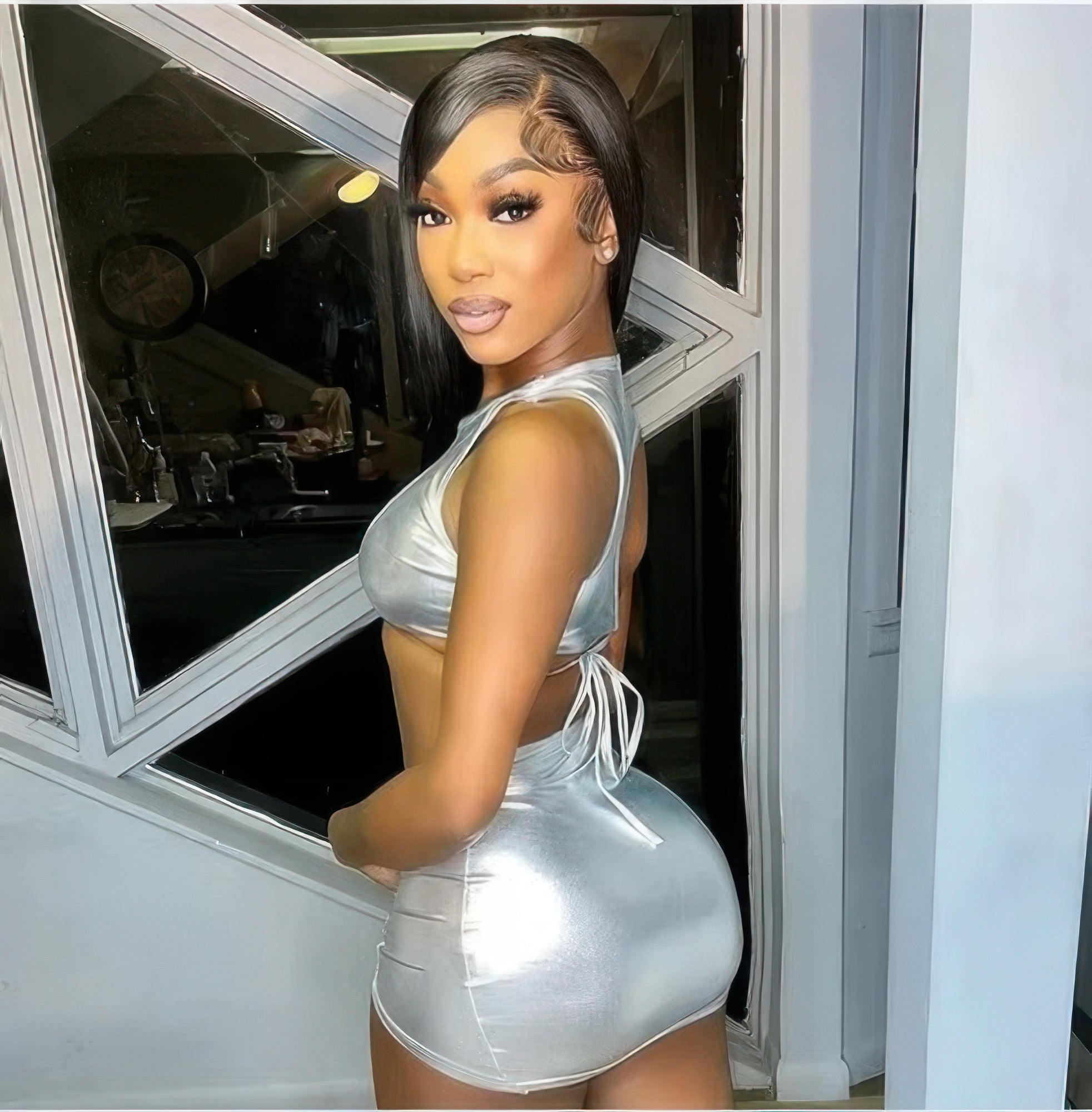 Silver metallic ruched open-back mini dress, product view 2