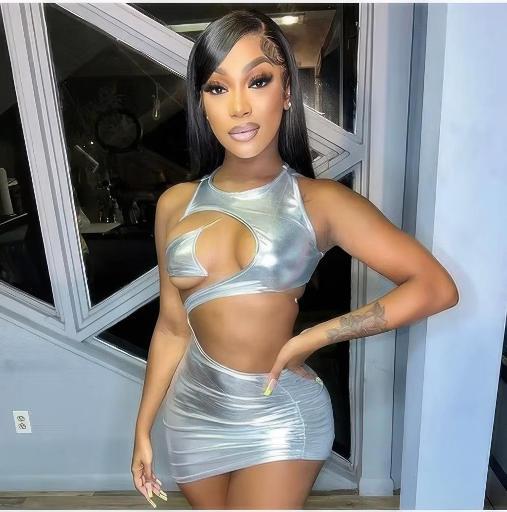 Silver metallic ruched open-back mini dress, product view 4