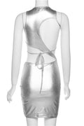 Silver metallic ruched open-back mini dress, product view 6