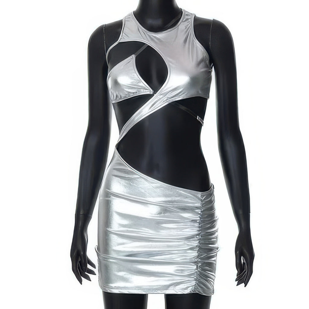 Silver metallic ruched open-back mini dress, product view 7