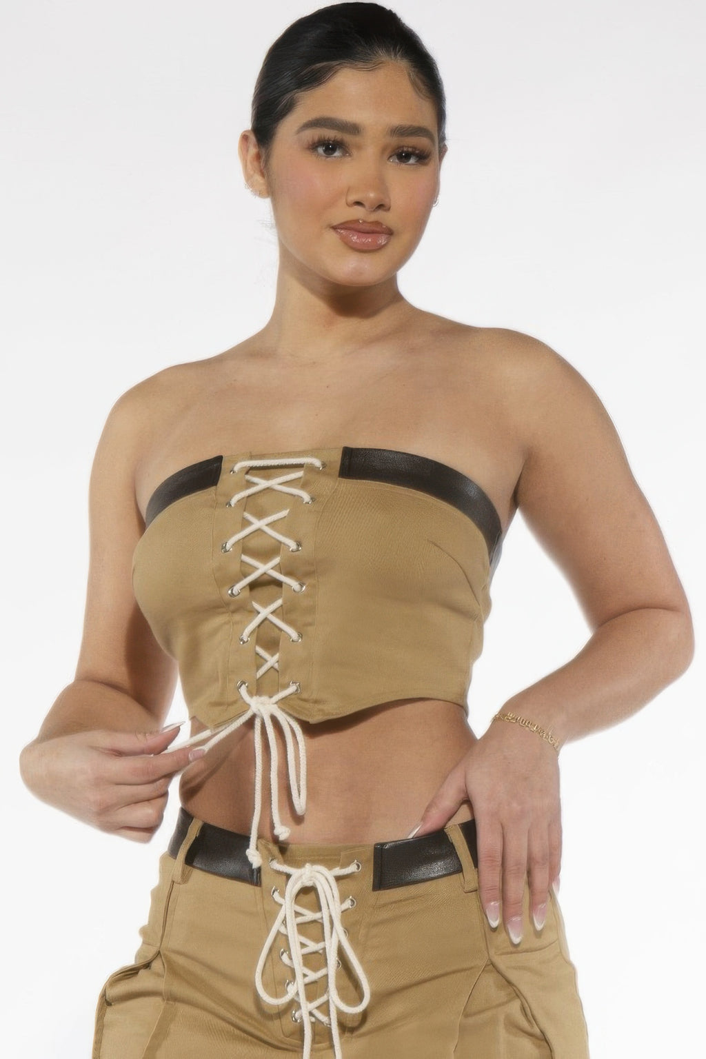 Front view of adult model wearing the khaki Desert Laced Corset Top