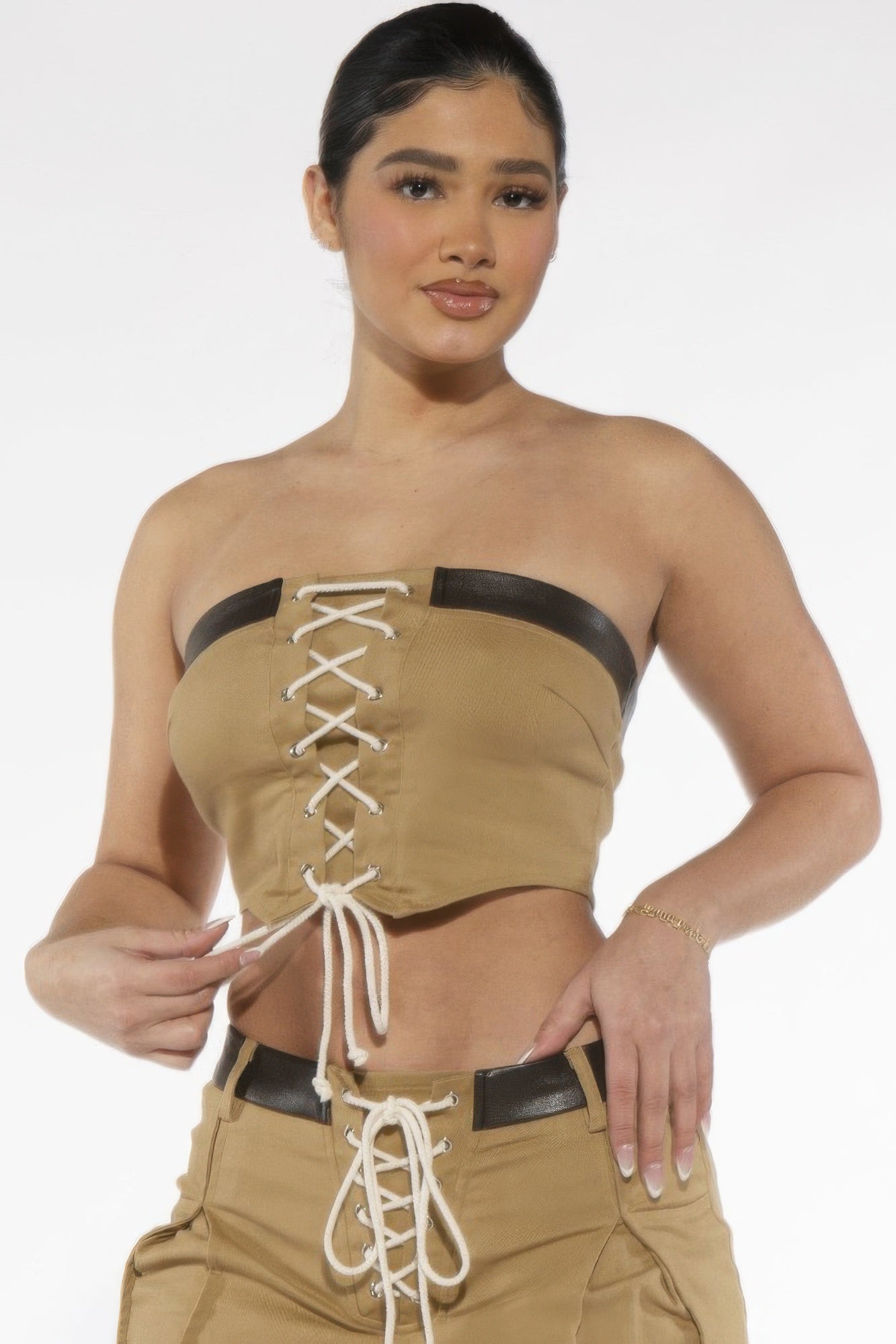 Front view of adult model wearing the khaki Desert Laced Corset Top
