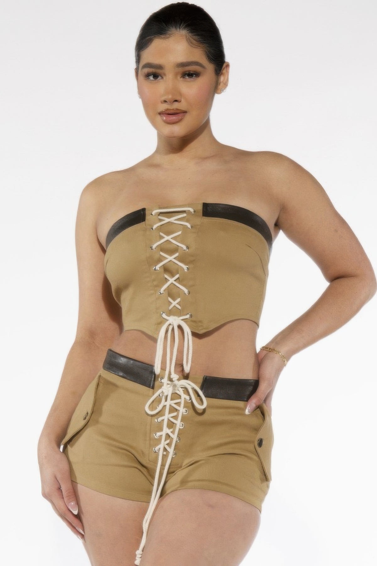 Command Lace Utility Shorts khaki full front supplier view with rope lace-up detail
