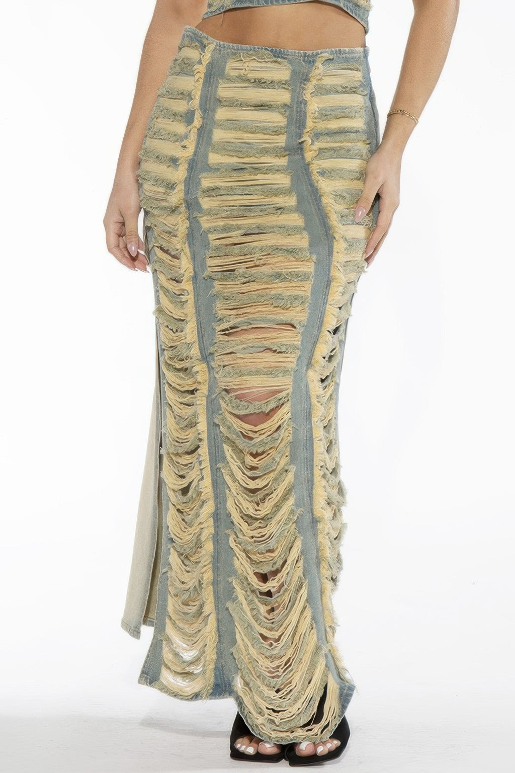 Rebel Status Distressed Denim Maxi Skirt vintage-wash supplier view 1