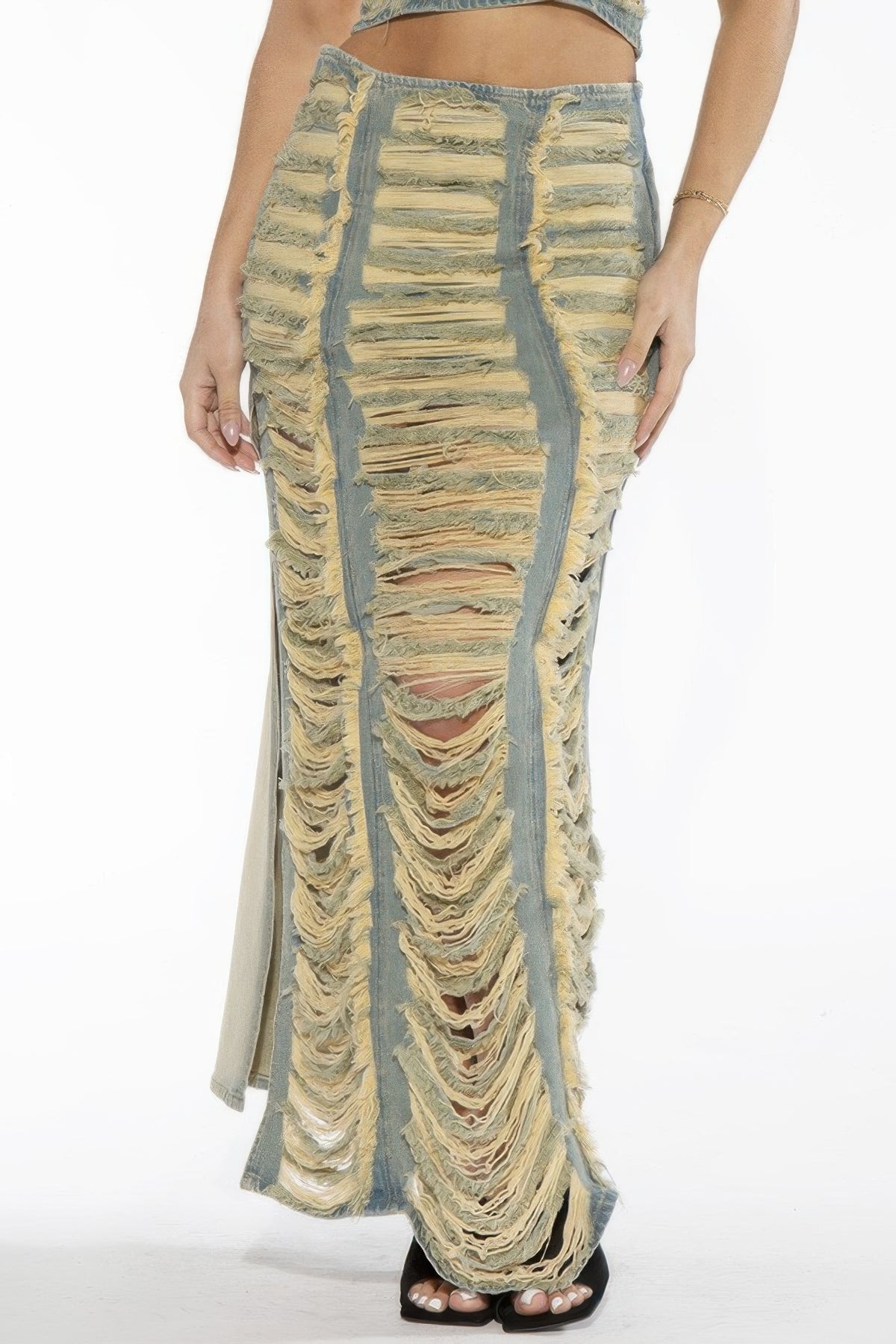 Rebel Status Distressed Denim Maxi Skirt vintage-wash supplier view 1