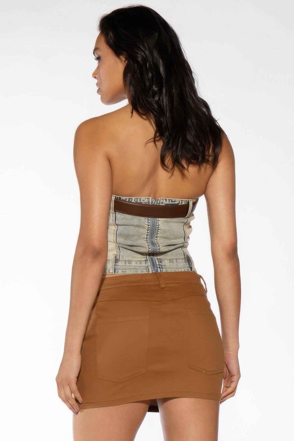 Rodeo Rich Embroidered Mini Skirt fitted brown back view with belt loops and small welt pockets