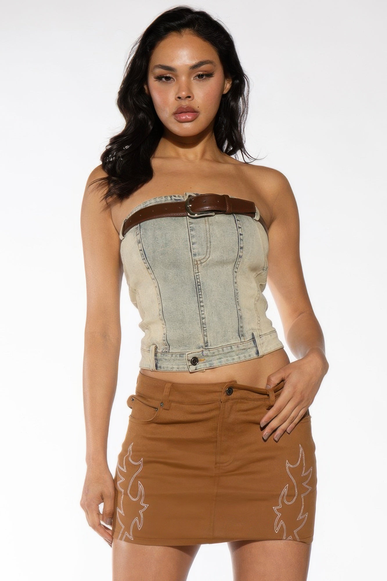 Rodeo Rich Embroidered Mini Skirt front model view with symmetrical outlined flame details