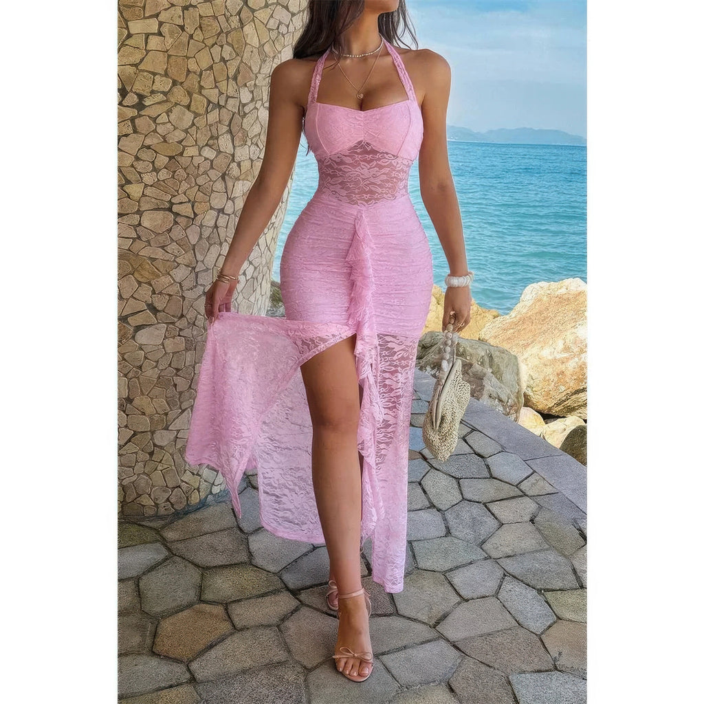 Pink halter lace ruched bodycon dress, product view 1