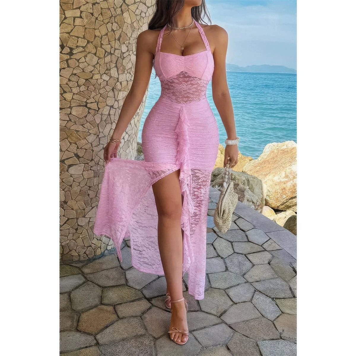 Pink halter lace ruched bodycon dress, product view 1