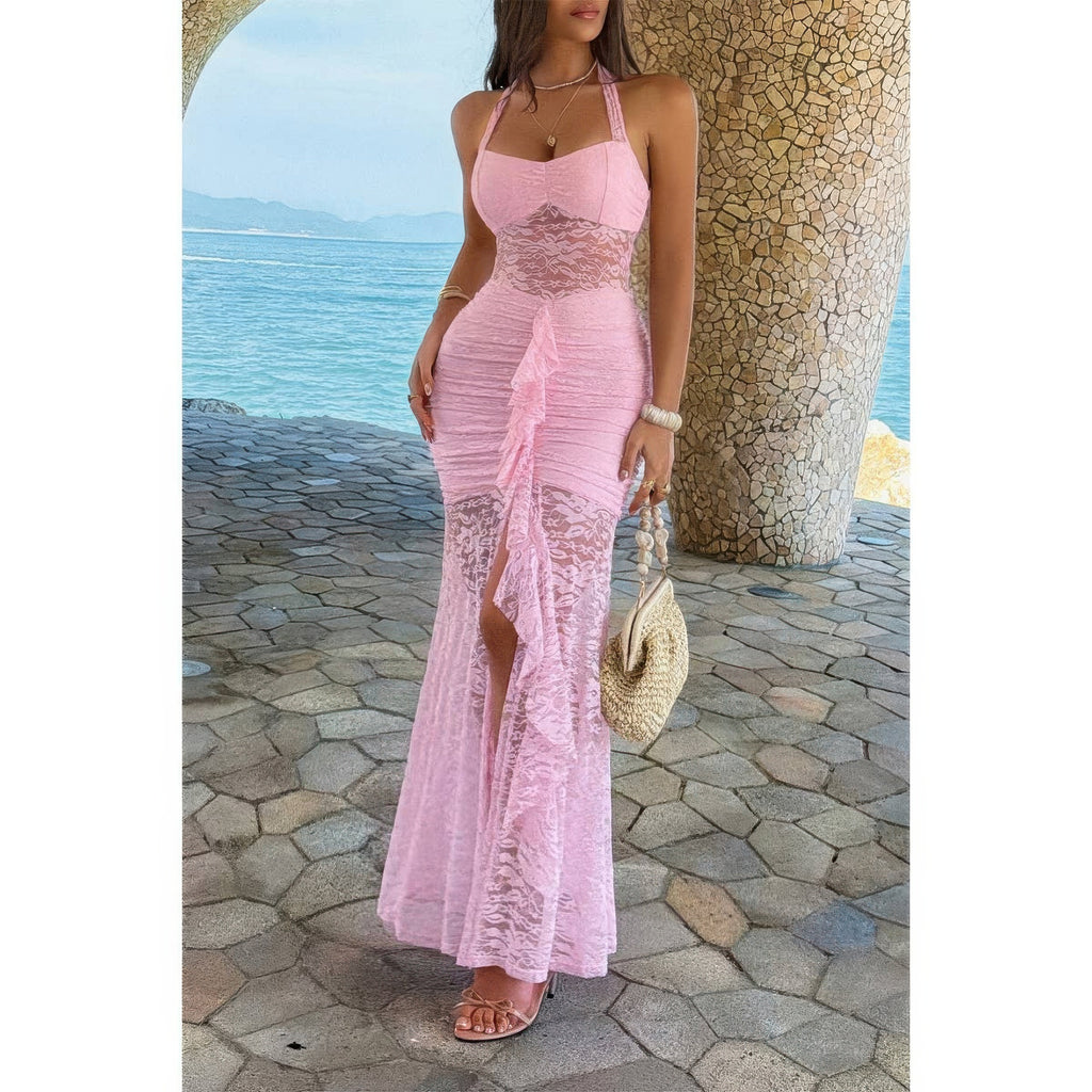 Pink halter lace ruched bodycon dress, product view 2