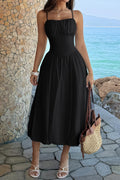 Black Solid Sleeveless Ruched Bust A Line Dress, full front view