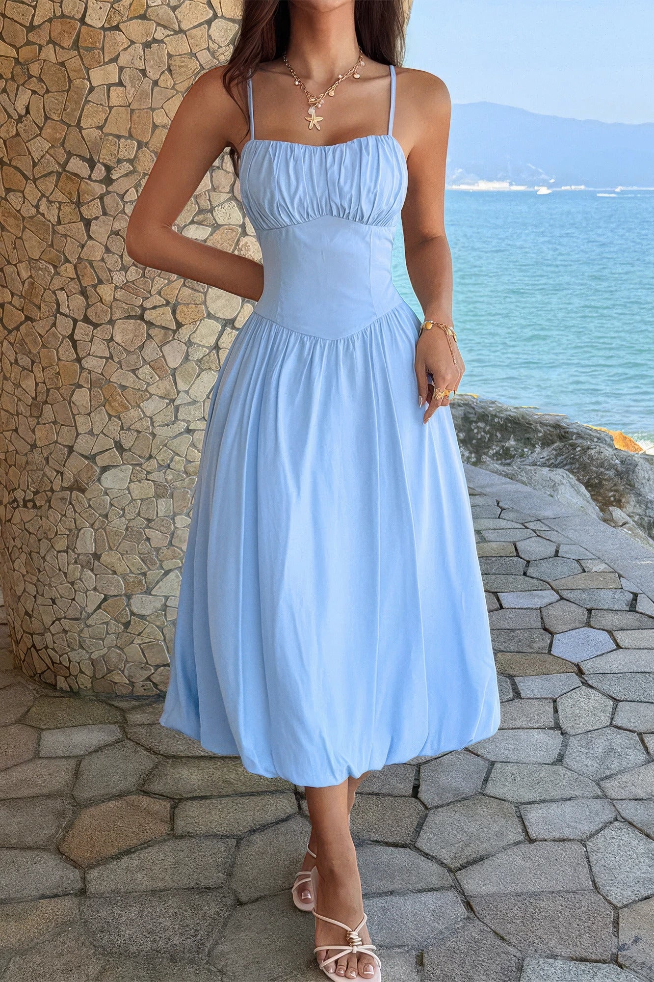 Blue Solid Sleeveless Ruched Bust A Line Dress, full front view