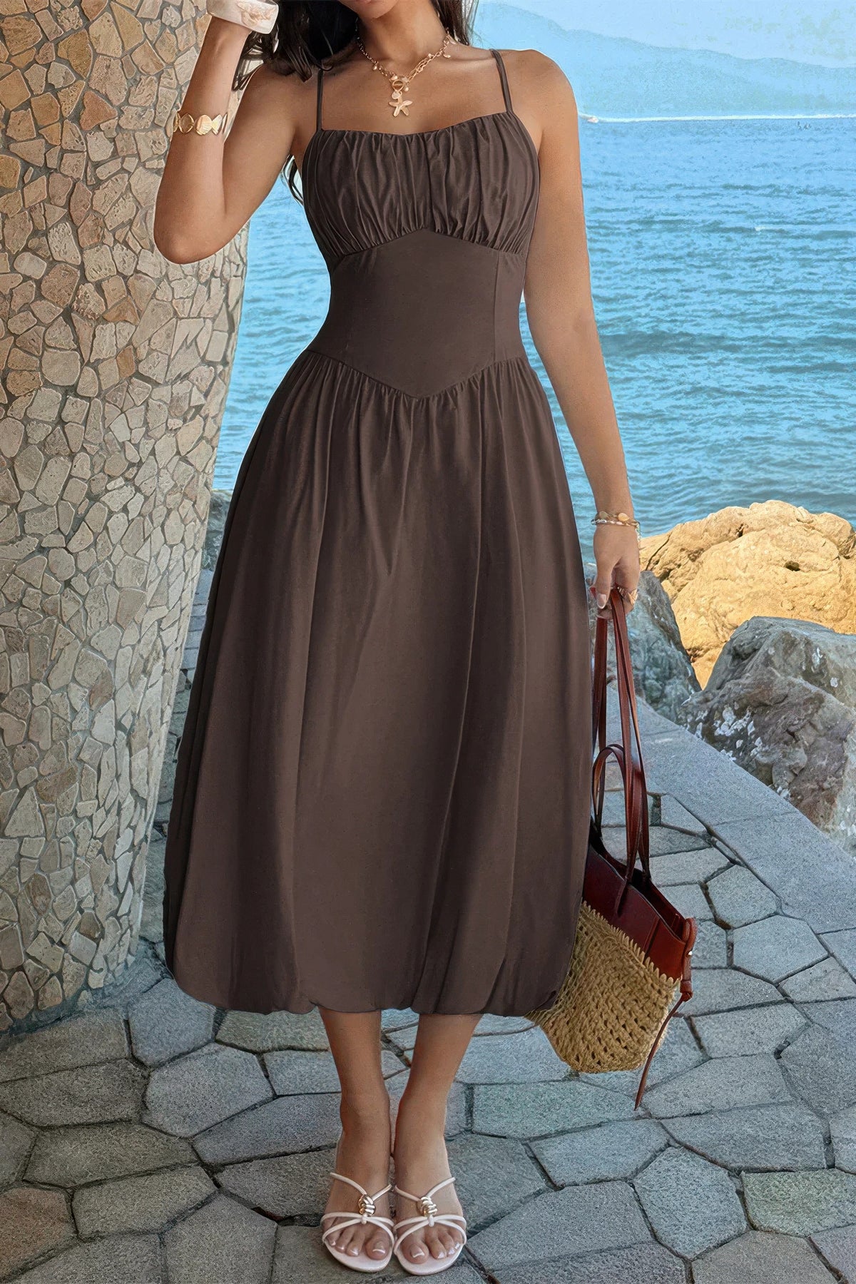 Brown Solid Sleeveless Ruched Bust A Line Dress, full front view